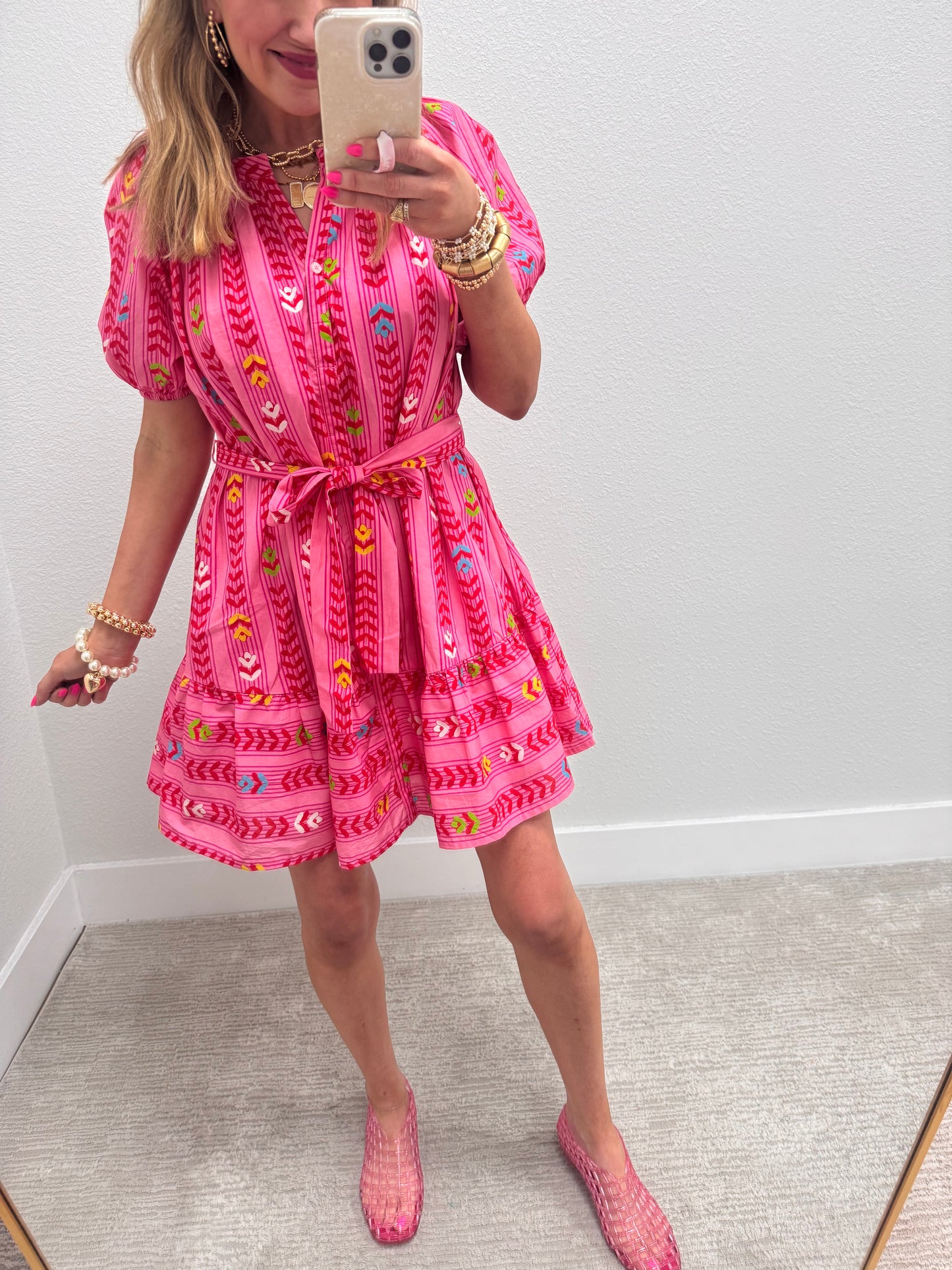 Pink Printed Button Down Belt Dress