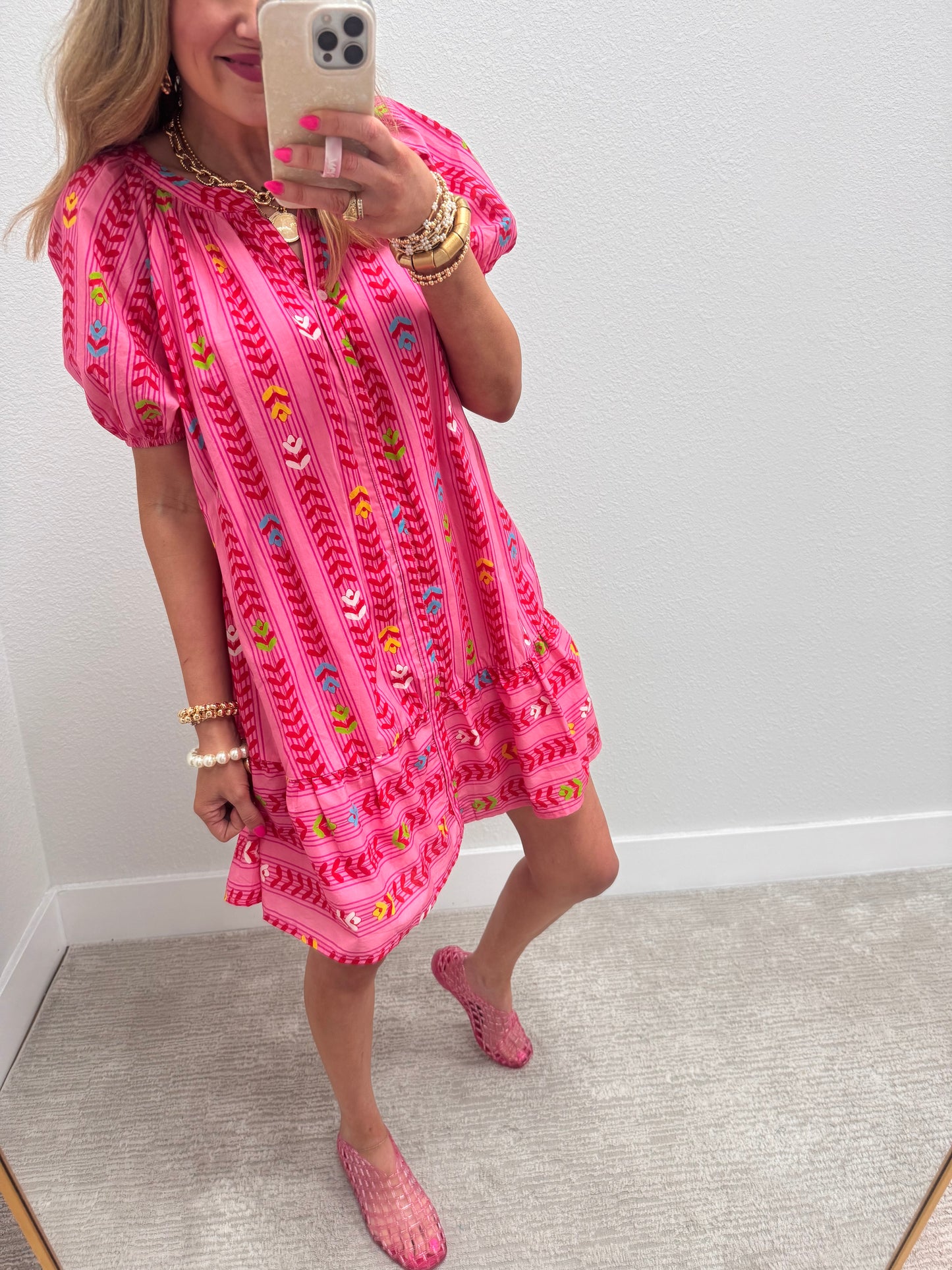 Pink Printed Button Down Belt Dress