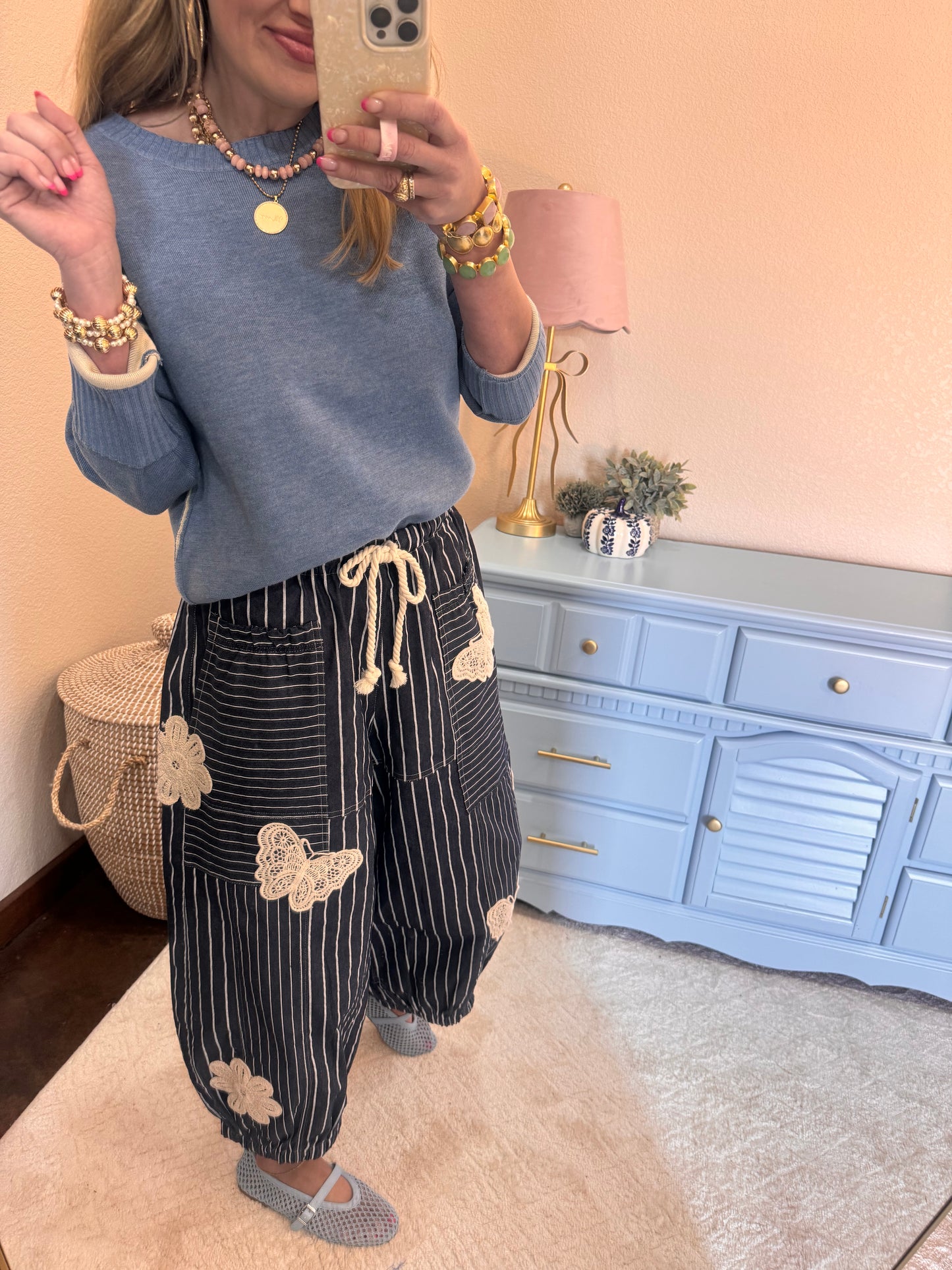 Denim Stripe Butterfly Patch Barrel Pants