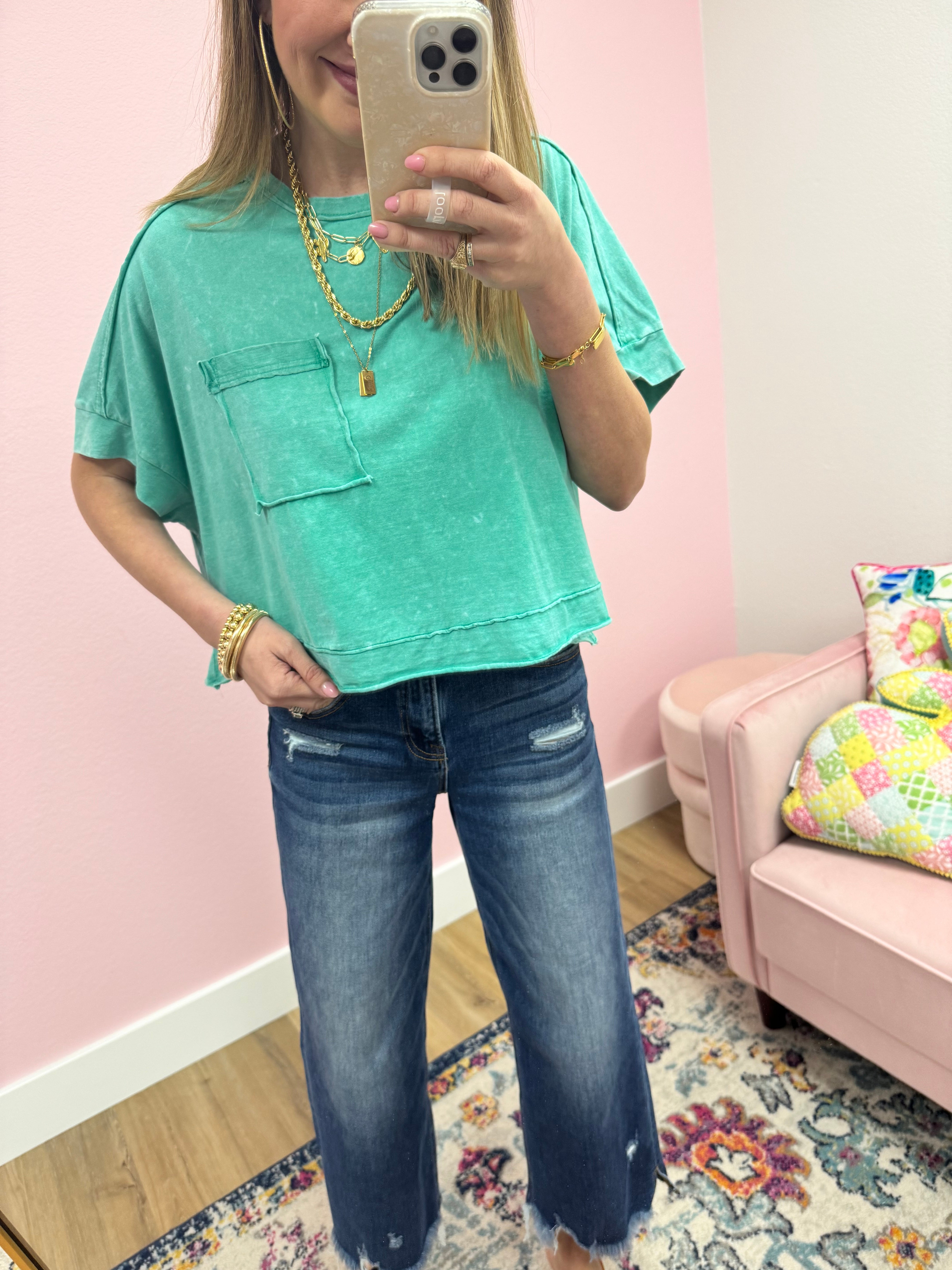 Teal Turquoise Crop Short Sleeve