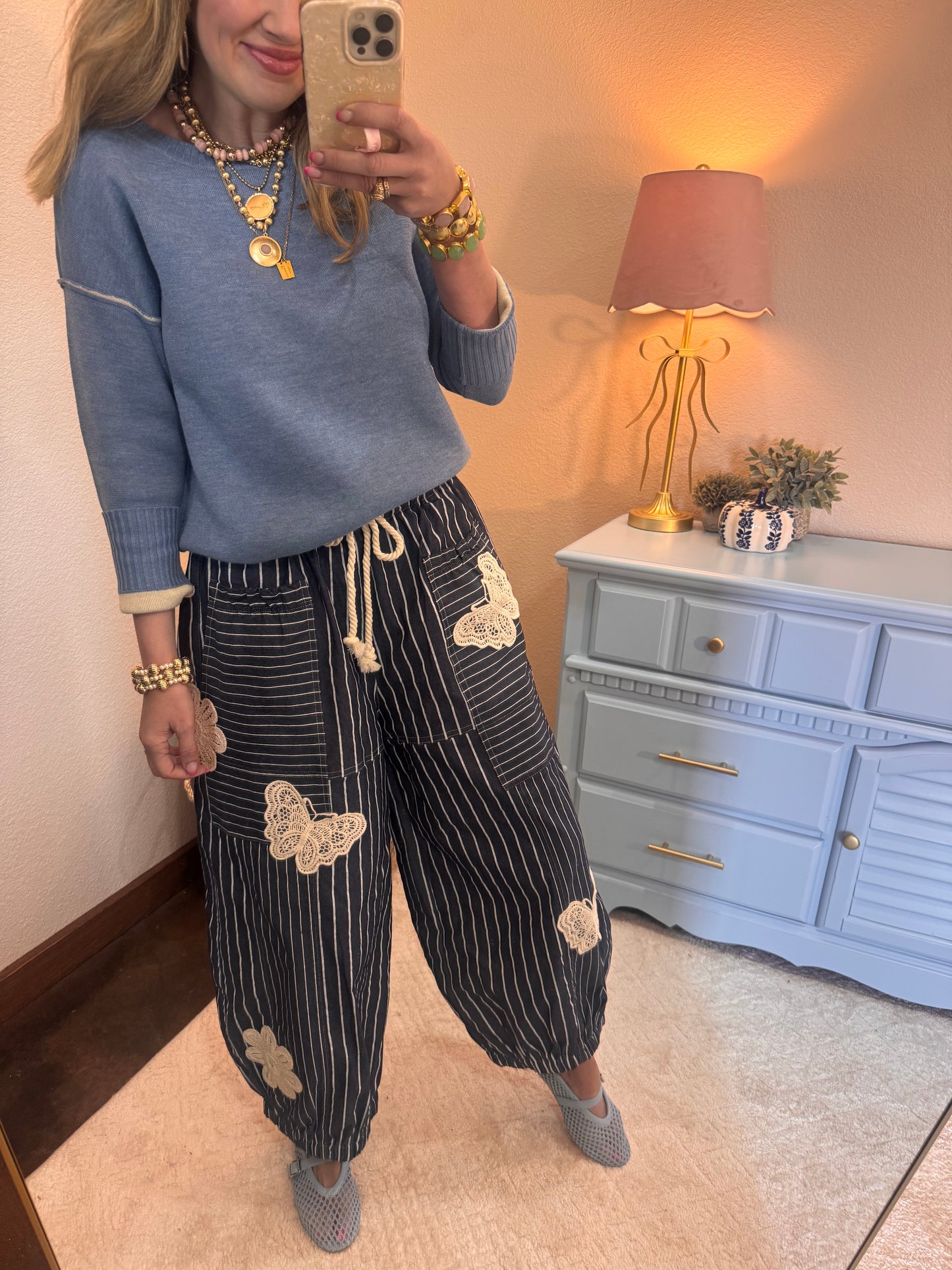 Denim Stripe Butterfly Patch Barrel Pants