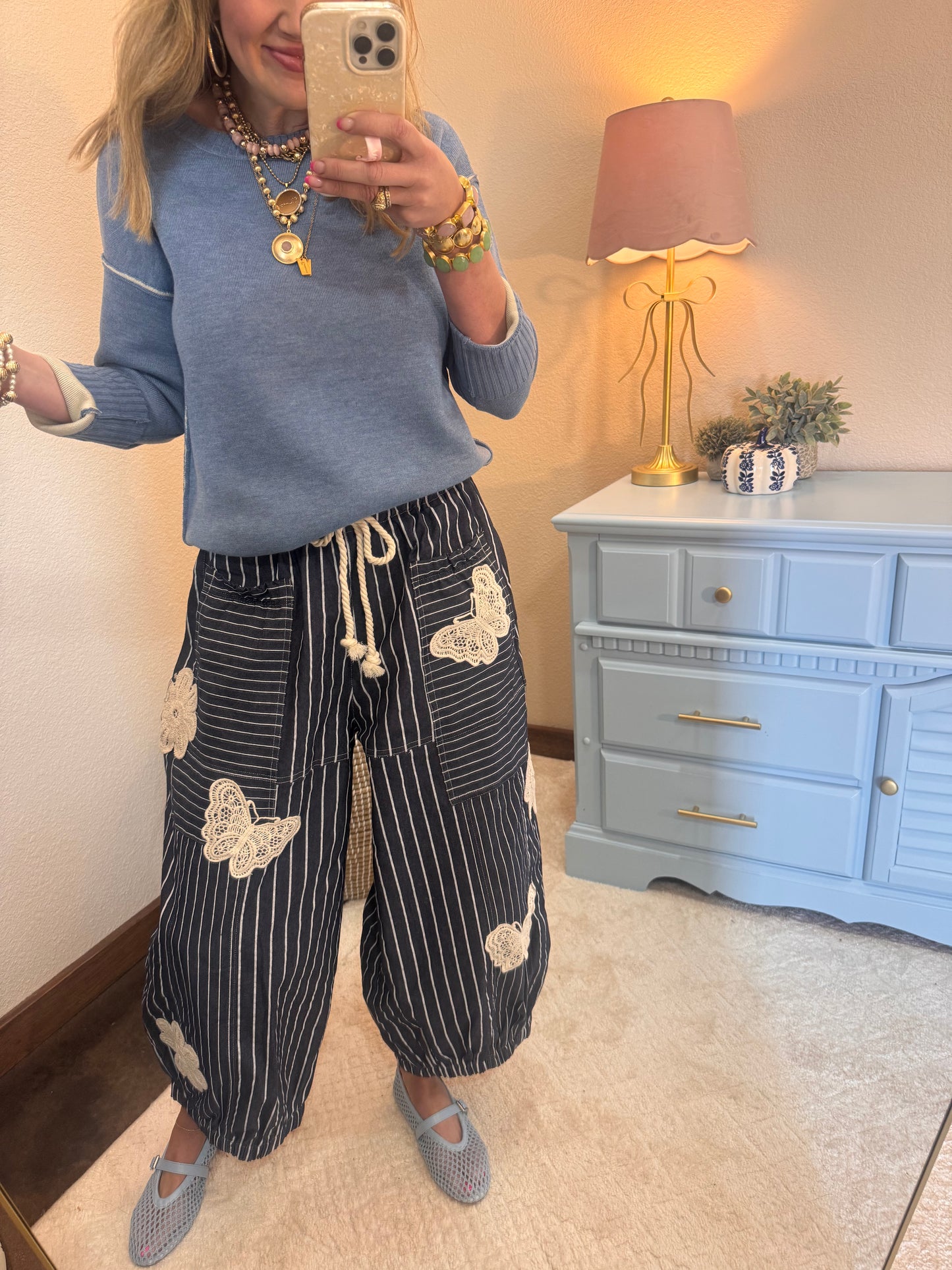 Denim Stripe Butterfly Patch Barrel Pants