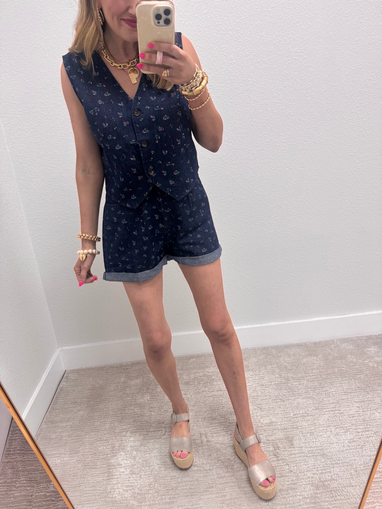 Dark Denim Floral Print Vest Two Piece Short Set