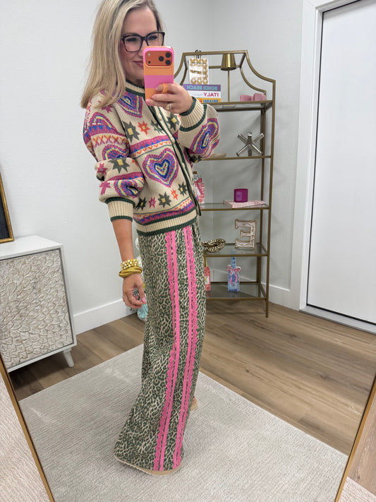 Green Leopard Lace & Sporty Ribbon Striped Pants