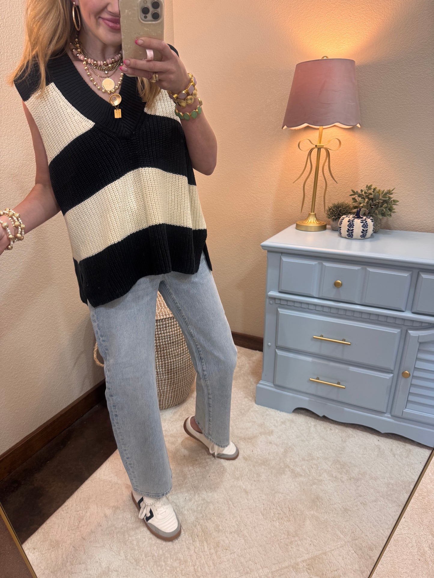 Black and Cream Knit Sweater Vest Top