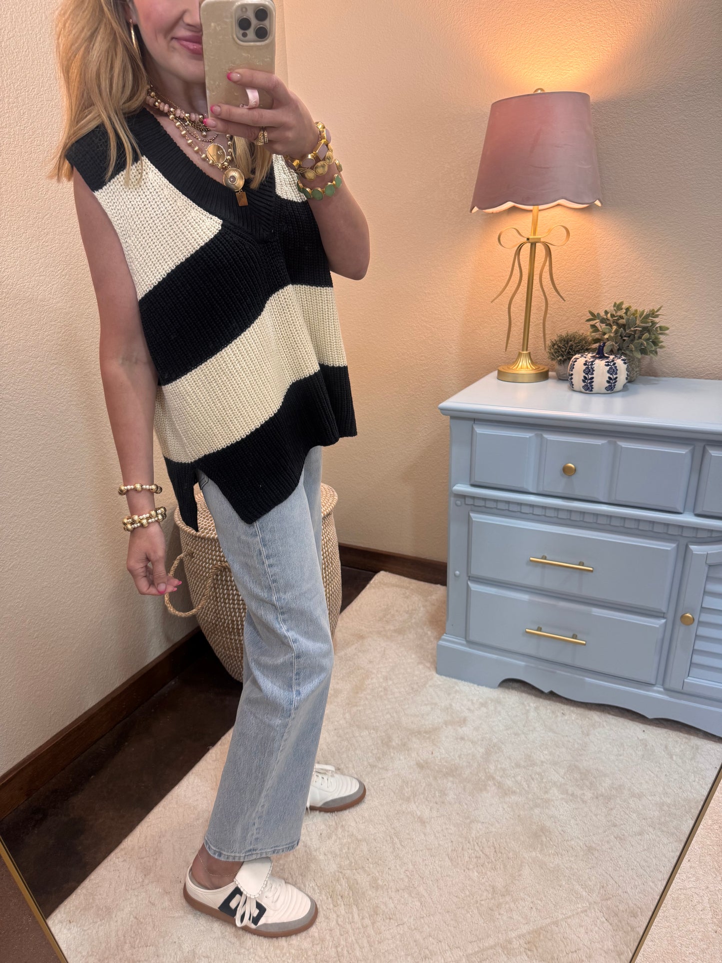 Black and Cream Knit Sweater Vest Top