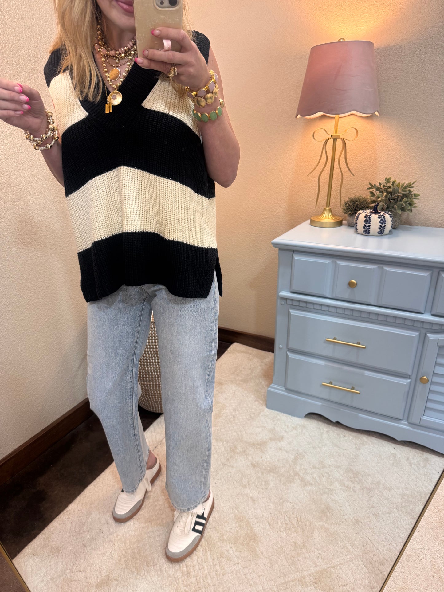 Black and Cream Knit Sweater Vest Top