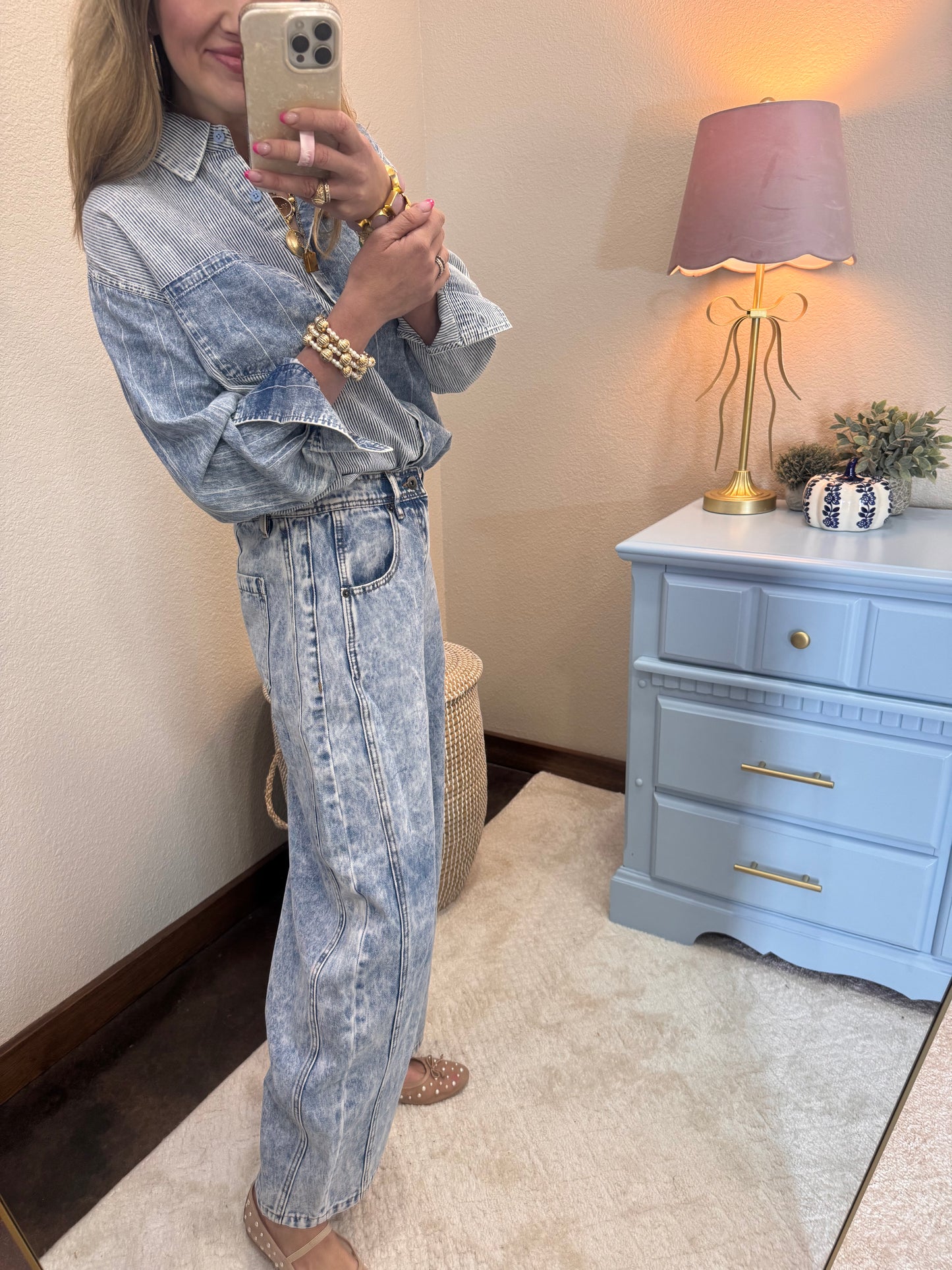 Mineral Washed Denim Color Block Stripe Shirt