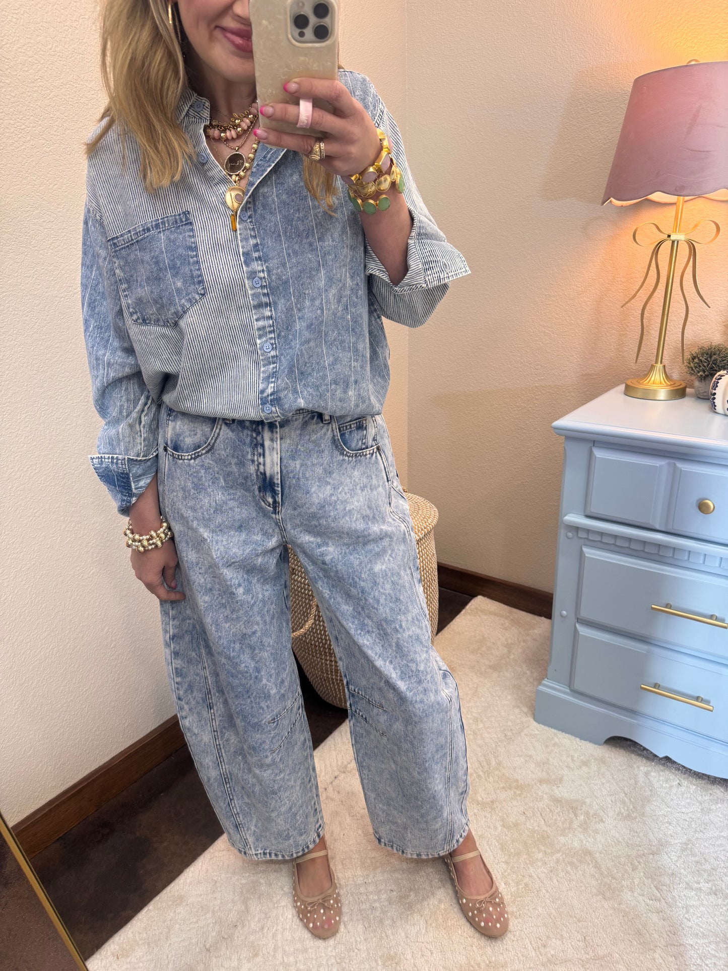 Mineral Washed Denim Color Block Stripe Shirt