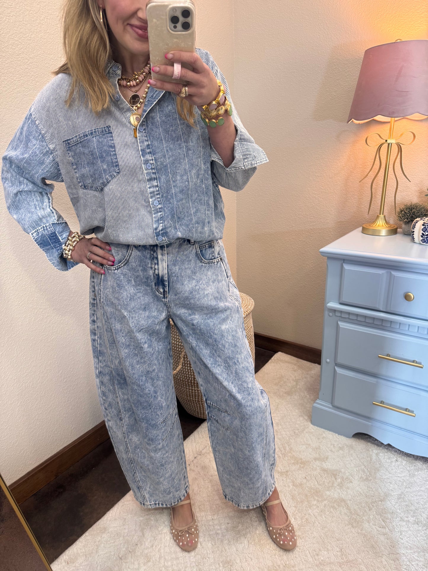 Mineral Washed Denim Color Block Stripe Shirt