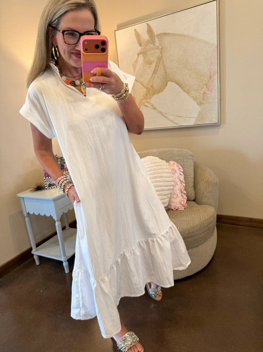 White Ruffle Neck Cuff Sleeve Midi Dress