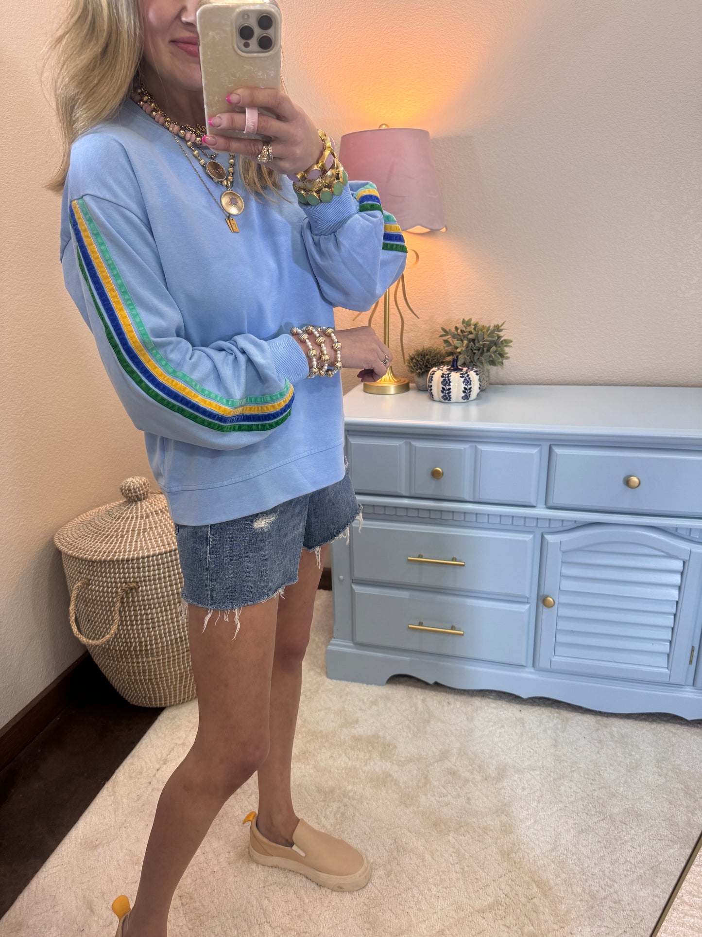 Sky Blue Velvet Trim Accent Washed Sweatshirt