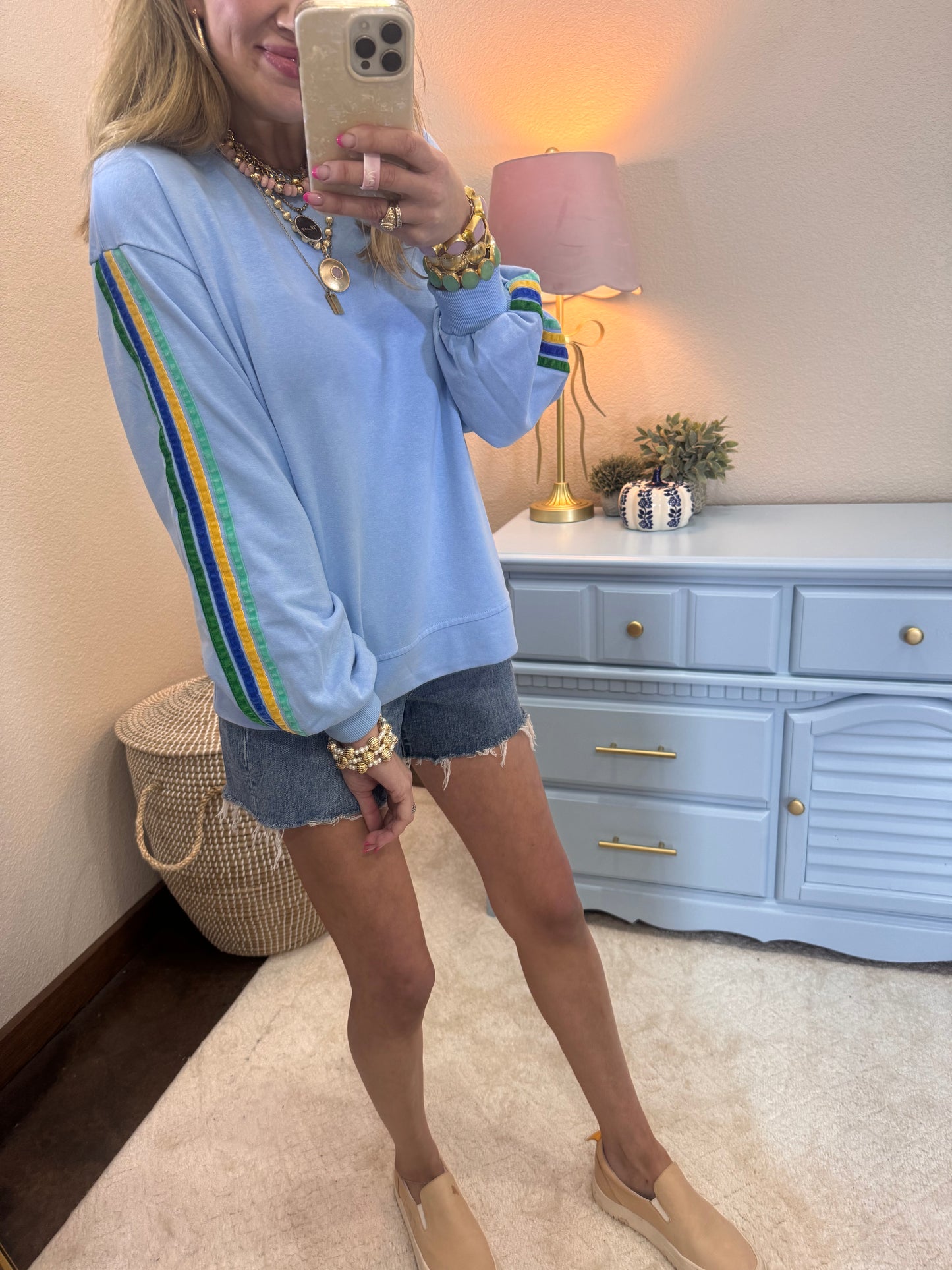 Sky Blue Velvet Trim Accent Washed Sweatshirt