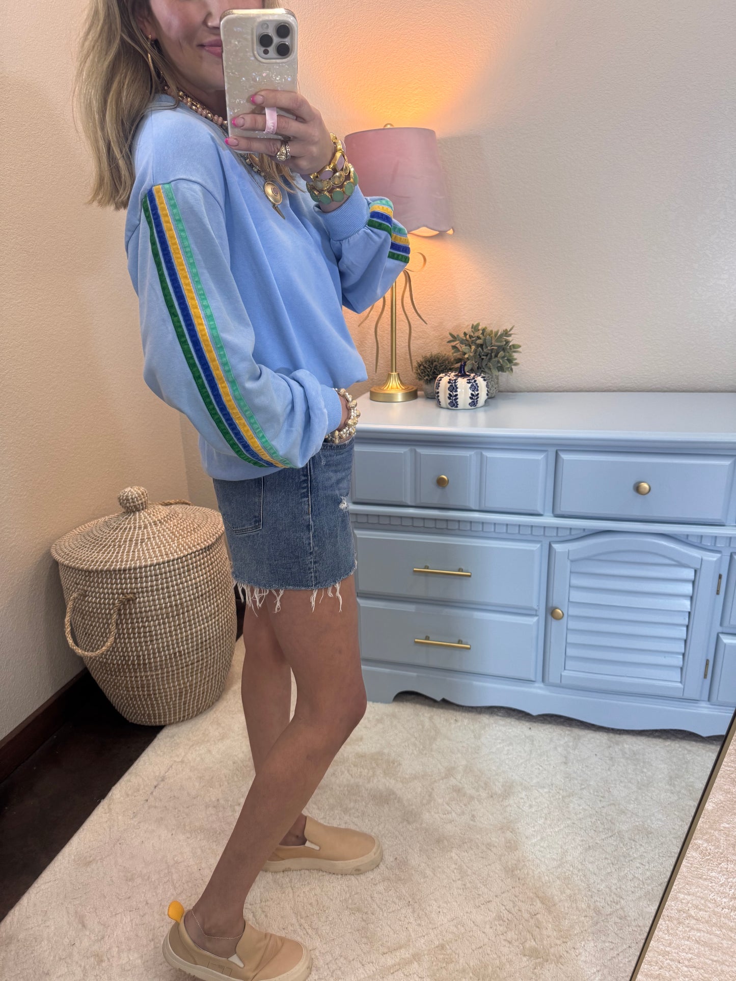 Sky Blue Velvet Trim Accent Washed Sweatshirt