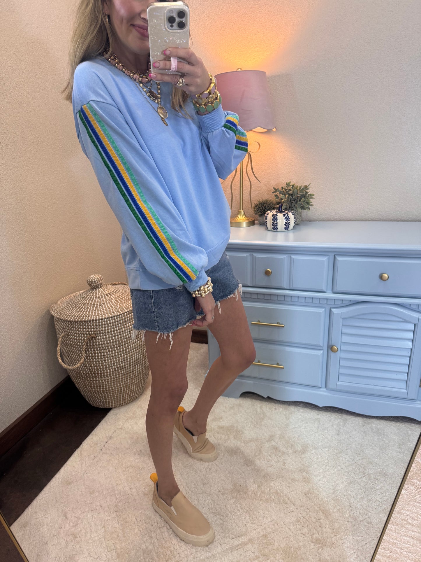 Sky Blue Velvet Trim Accent Washed Sweatshirt