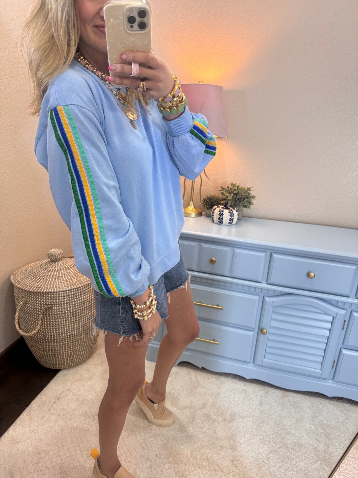 Sky Blue Velvet Trim Accent Washed Sweatshirt
