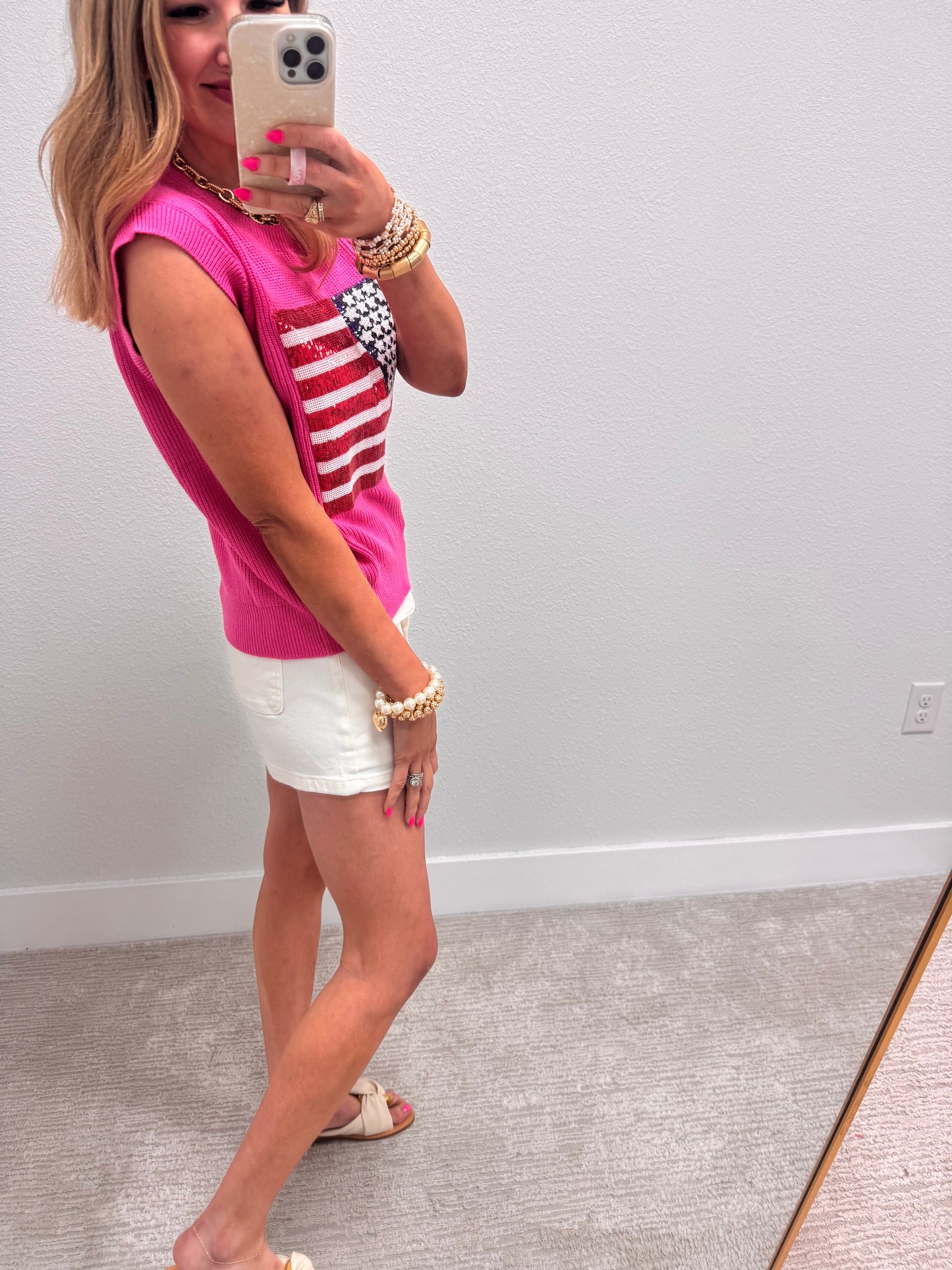 Pink Sequin Flag Sweater Top