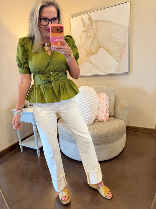 Olive Puff Sleeve Front Tie Button Up Top