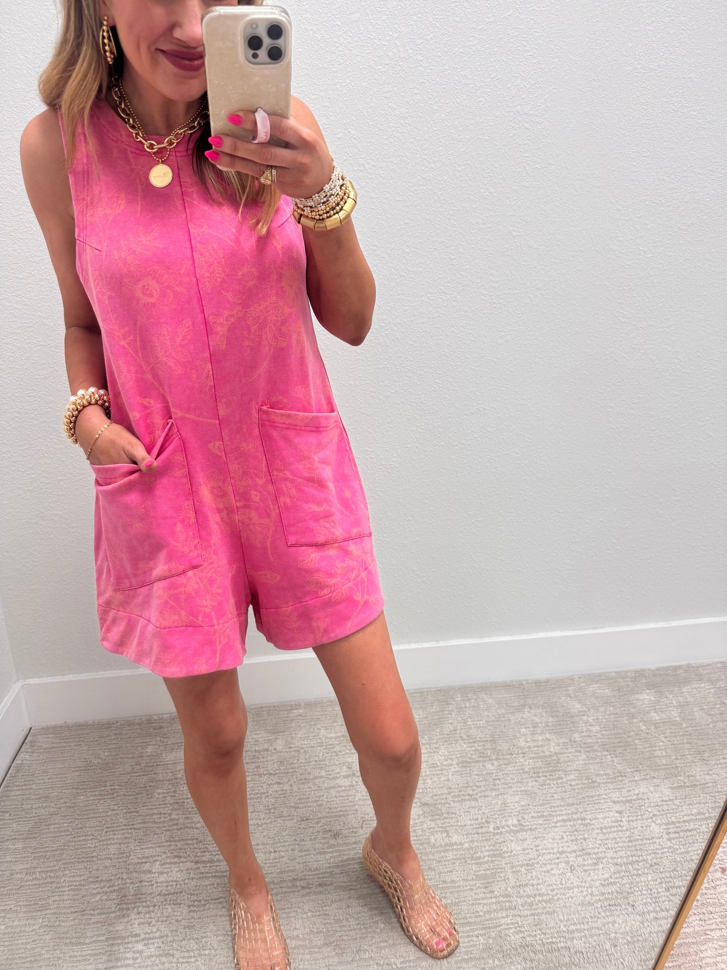 Pink Mineral Washed Floral Print Sleeveless Romper With Front Pockets