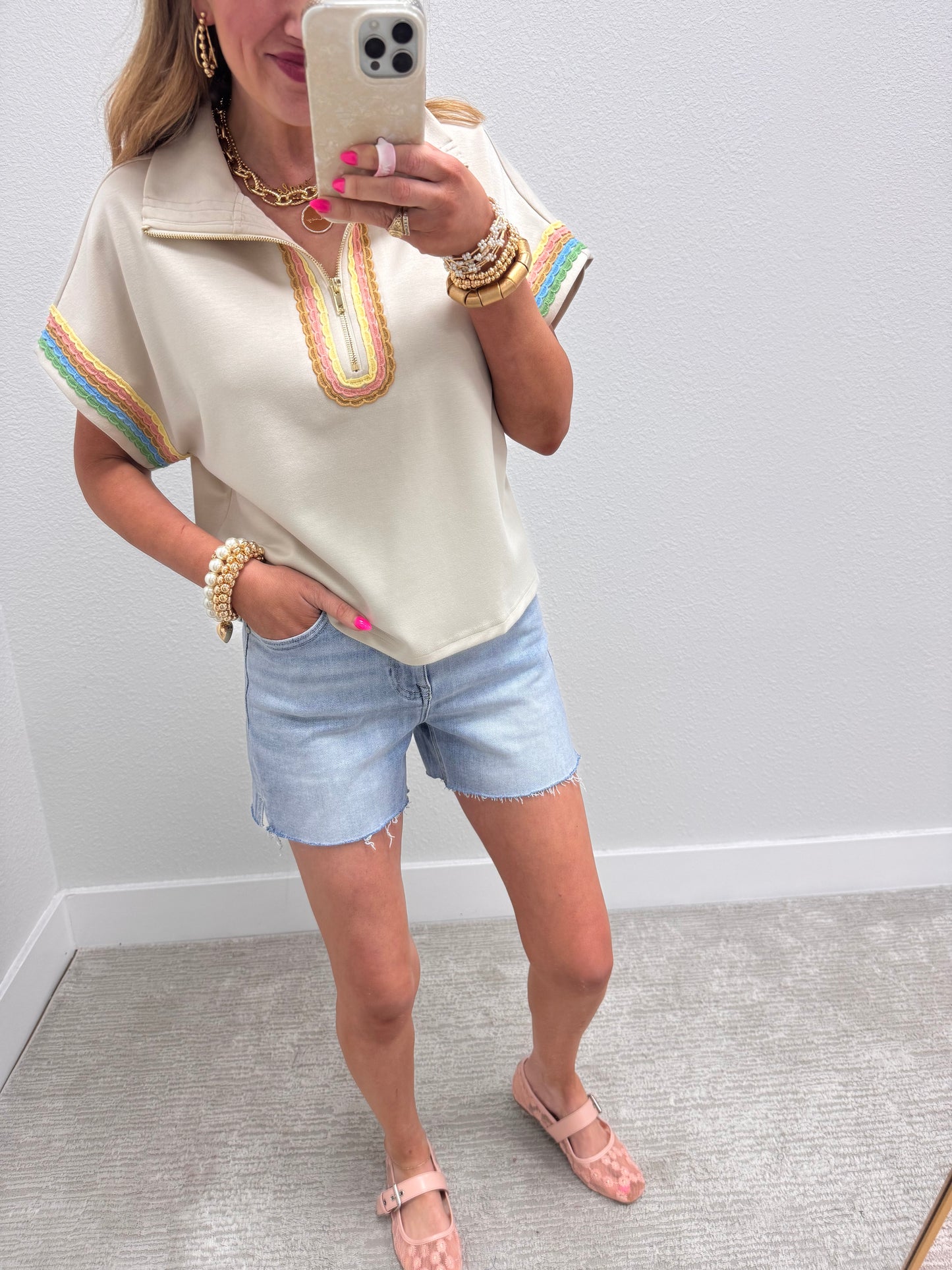 Ecru Half Zip Scuba Scalloped Trim Top