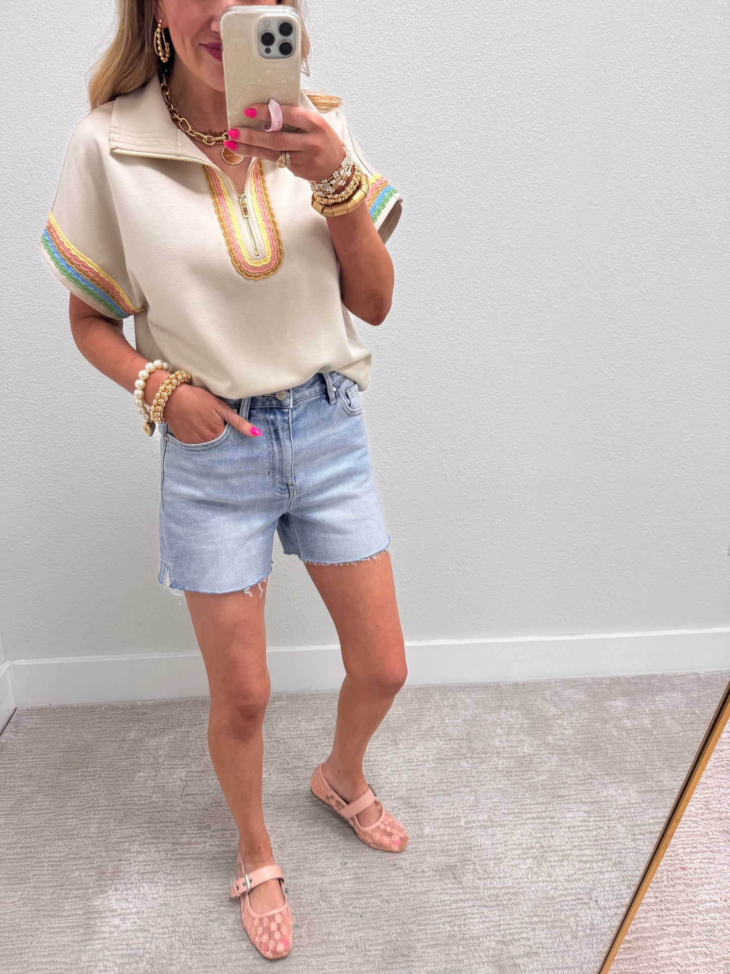 Risen Light High Rise Raw Cut Hem Side Slit Denim Shorts FS