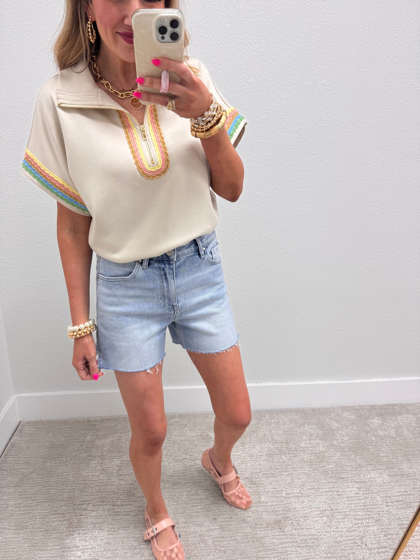 Risen Light High Rise Raw Cut Hem Side Slit Denim Shorts FS