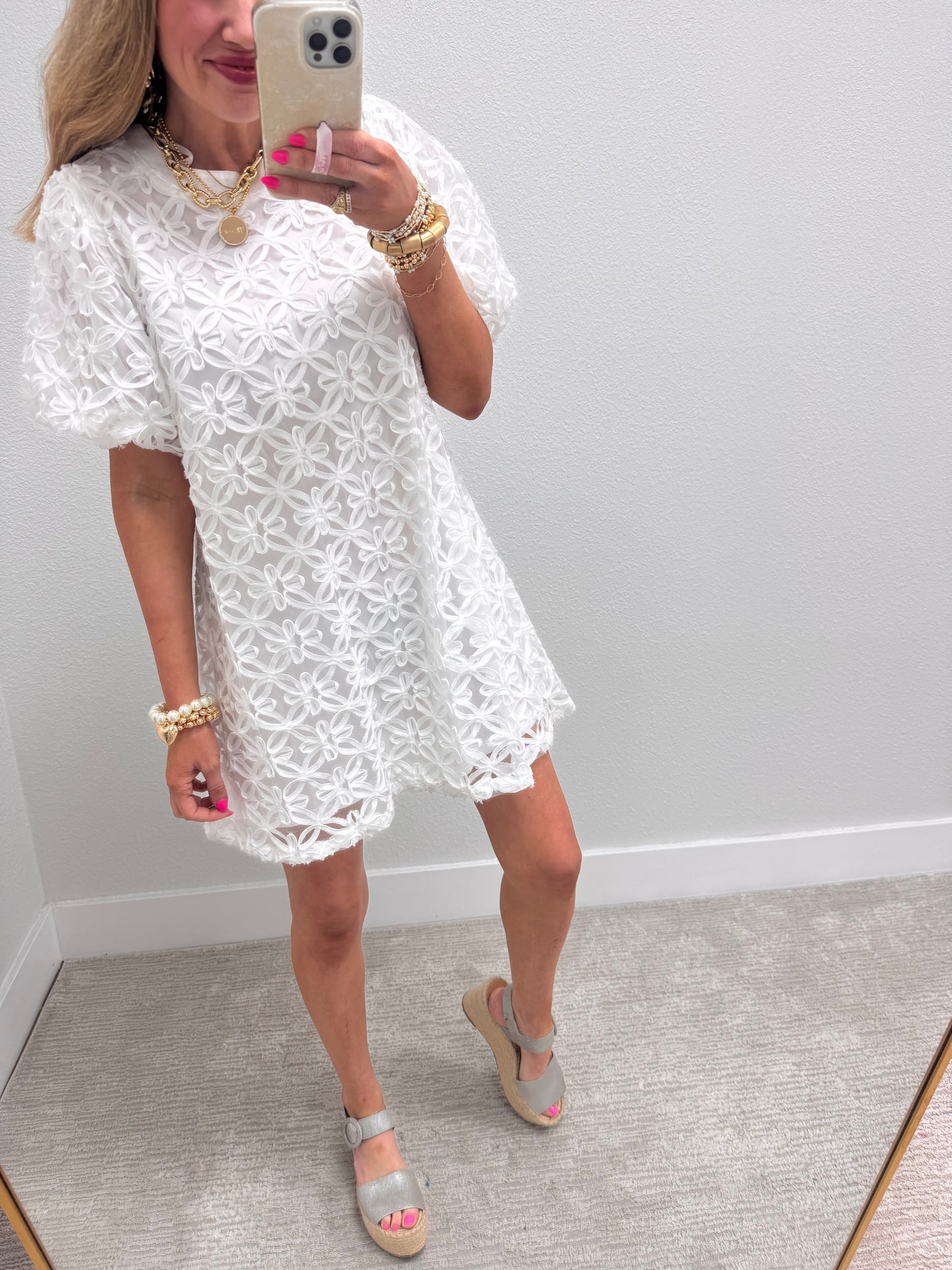 White Floral Textured Dress