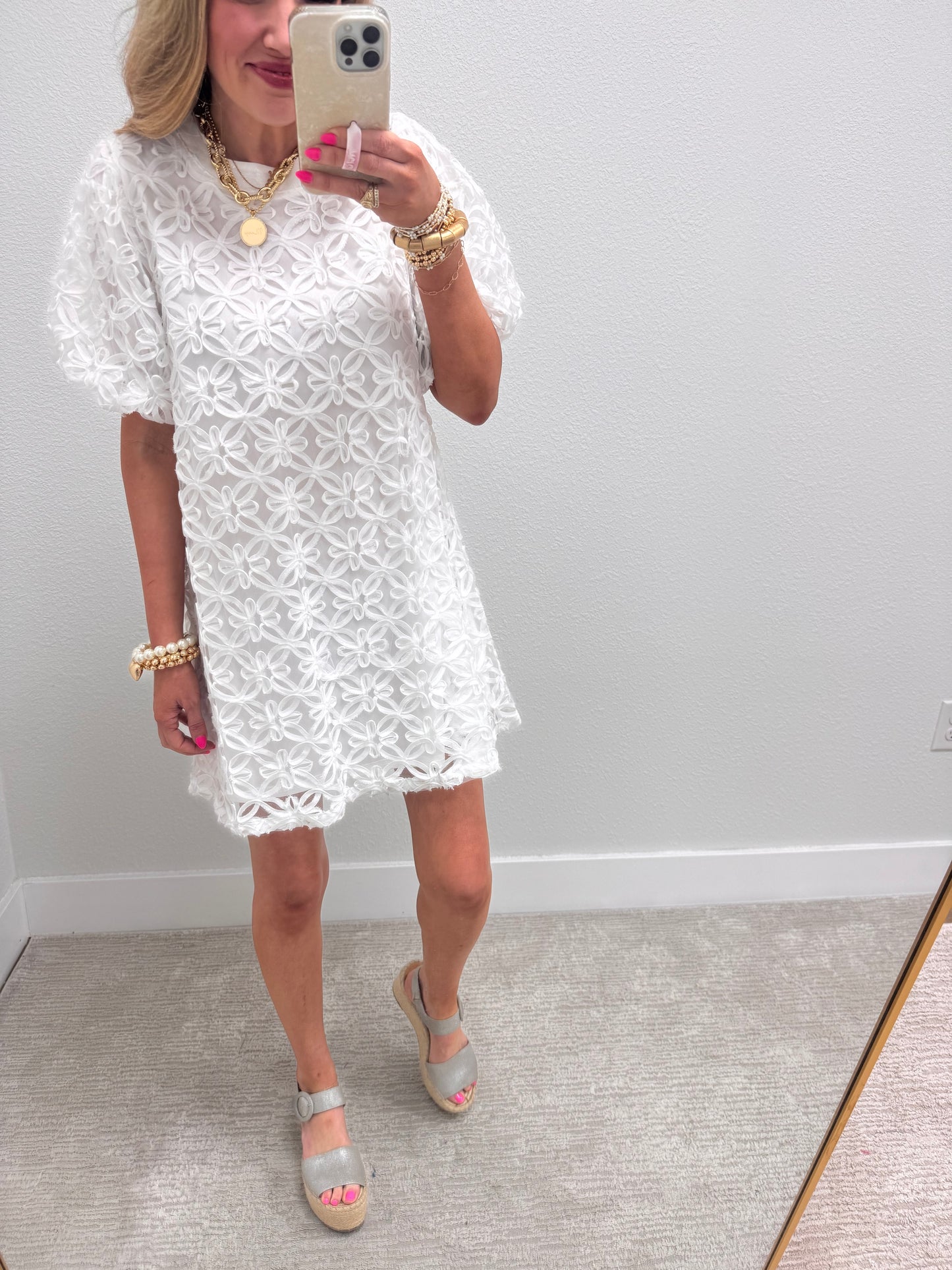 White Floral Textured Dress