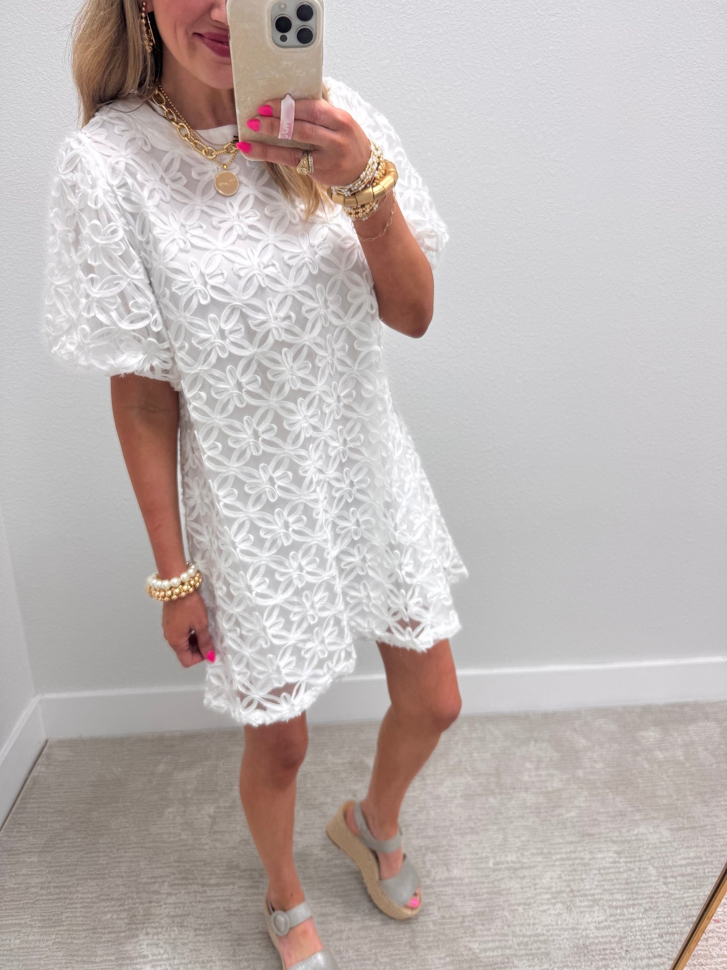 White Floral Textured Dress
