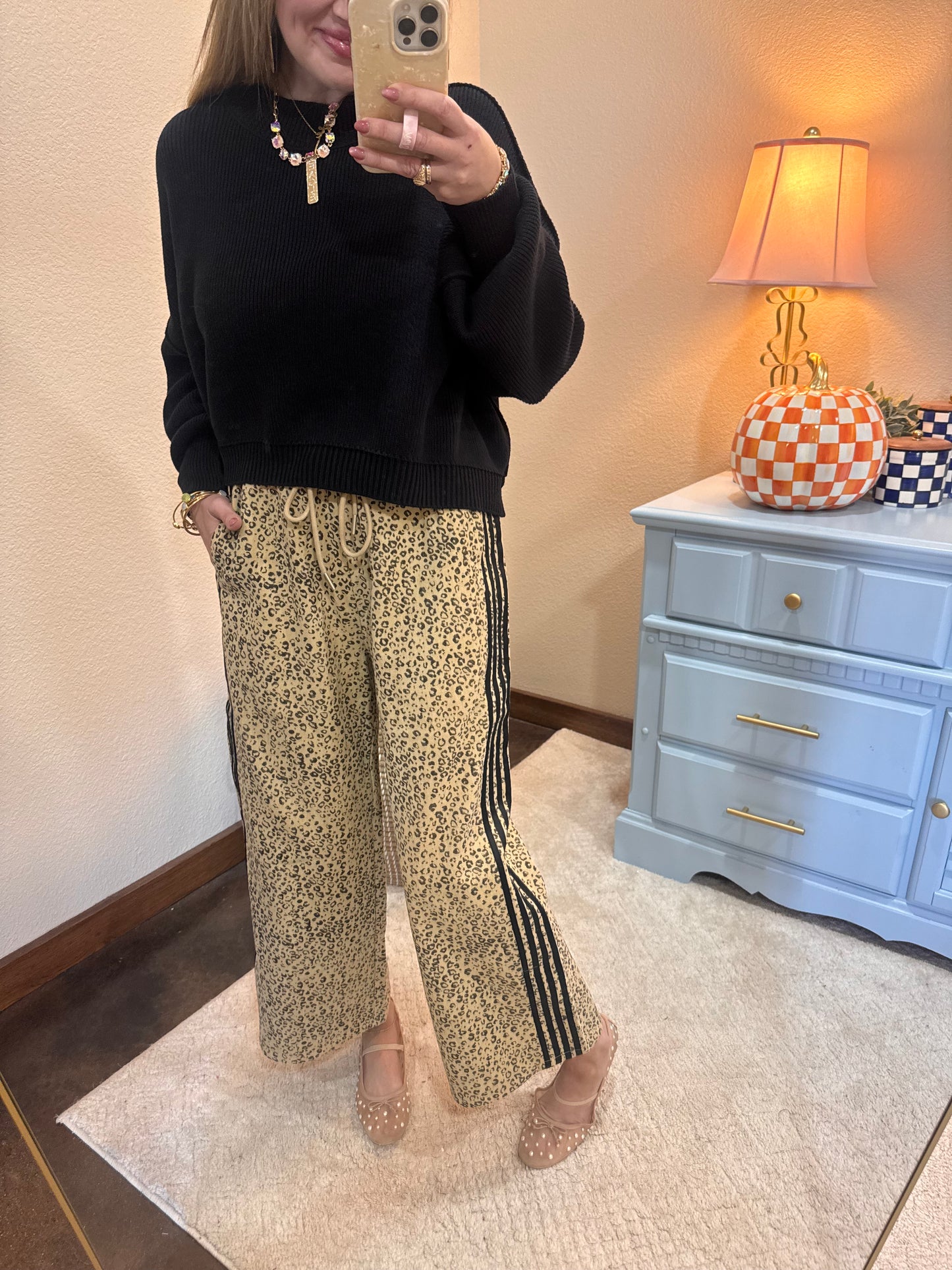 Black Trim Leopard Denim Pants