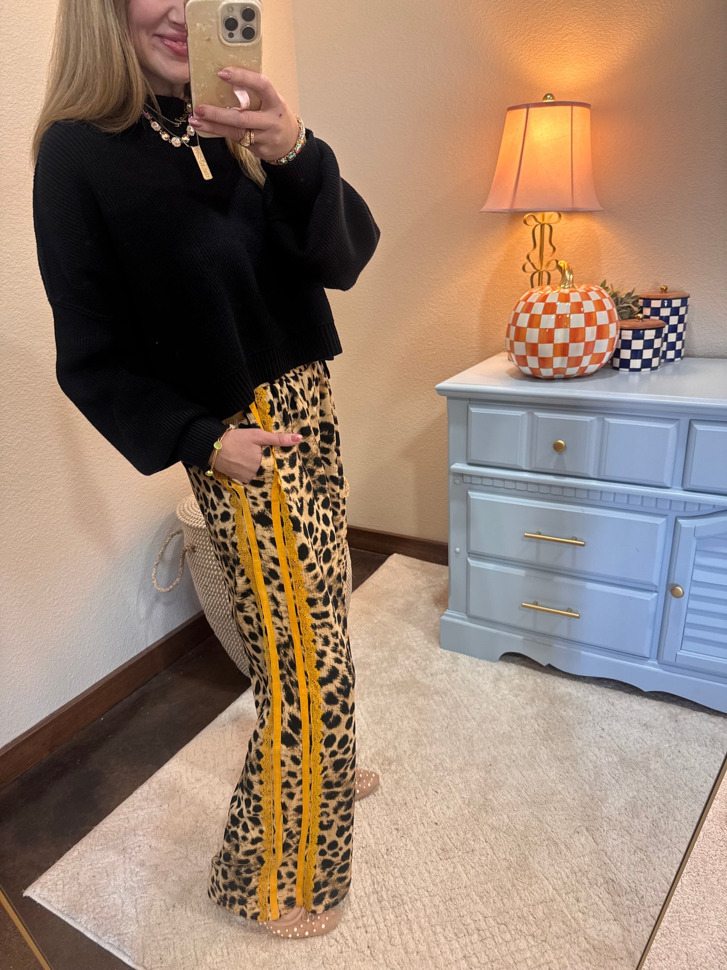 Leopard Mustard Lace & Sporty Ribbon Striped Pants