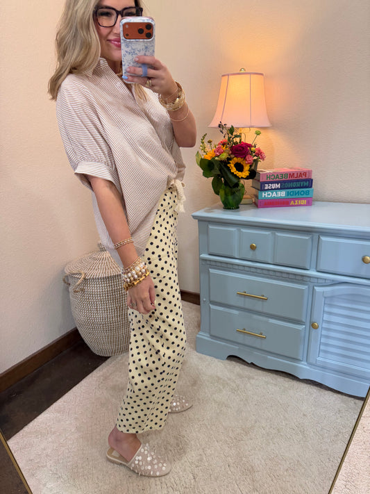 Taupe Striped Short Sleeve Button-front Blouse