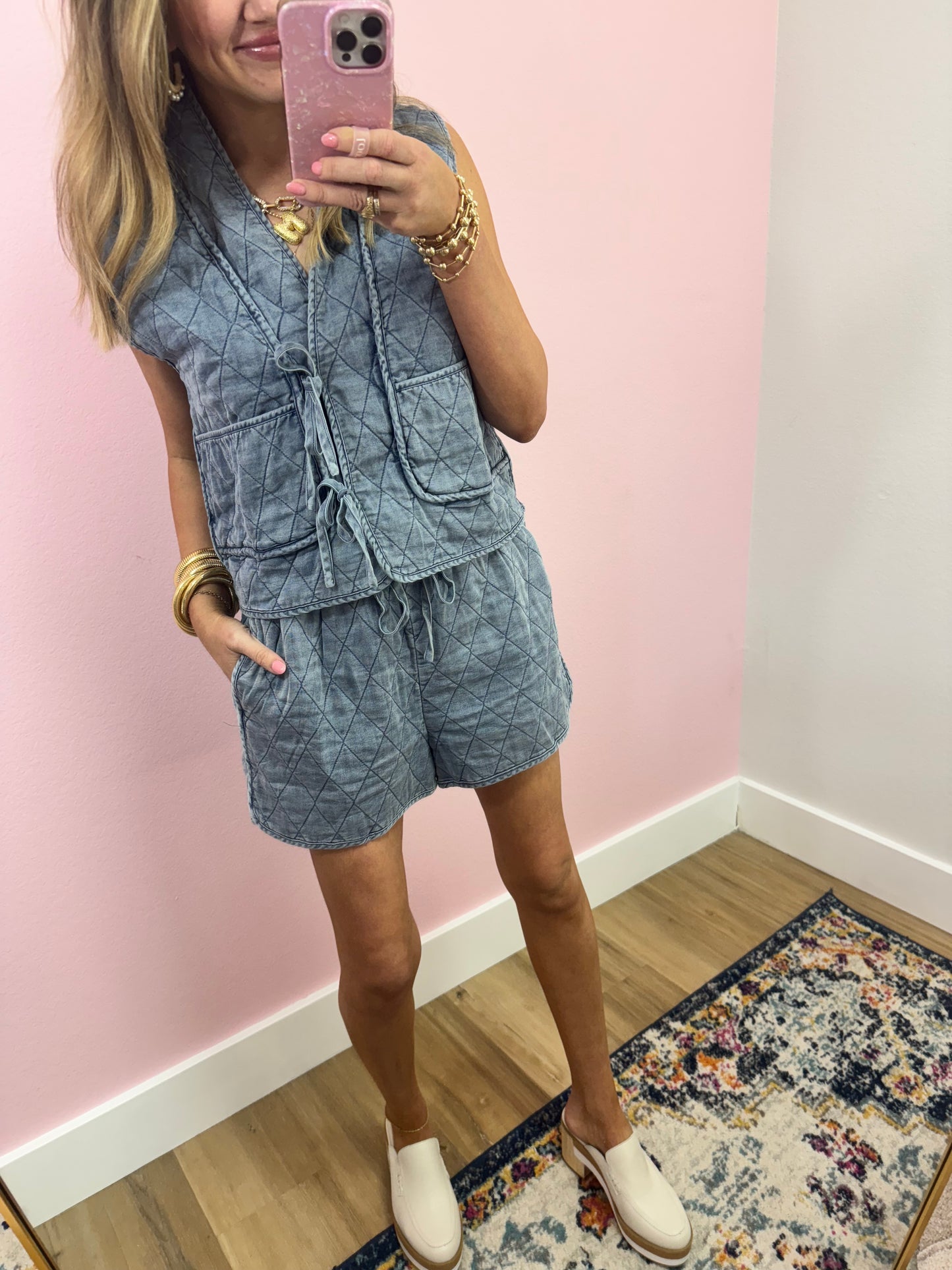 Denim Quilted Vest Two Piece Set