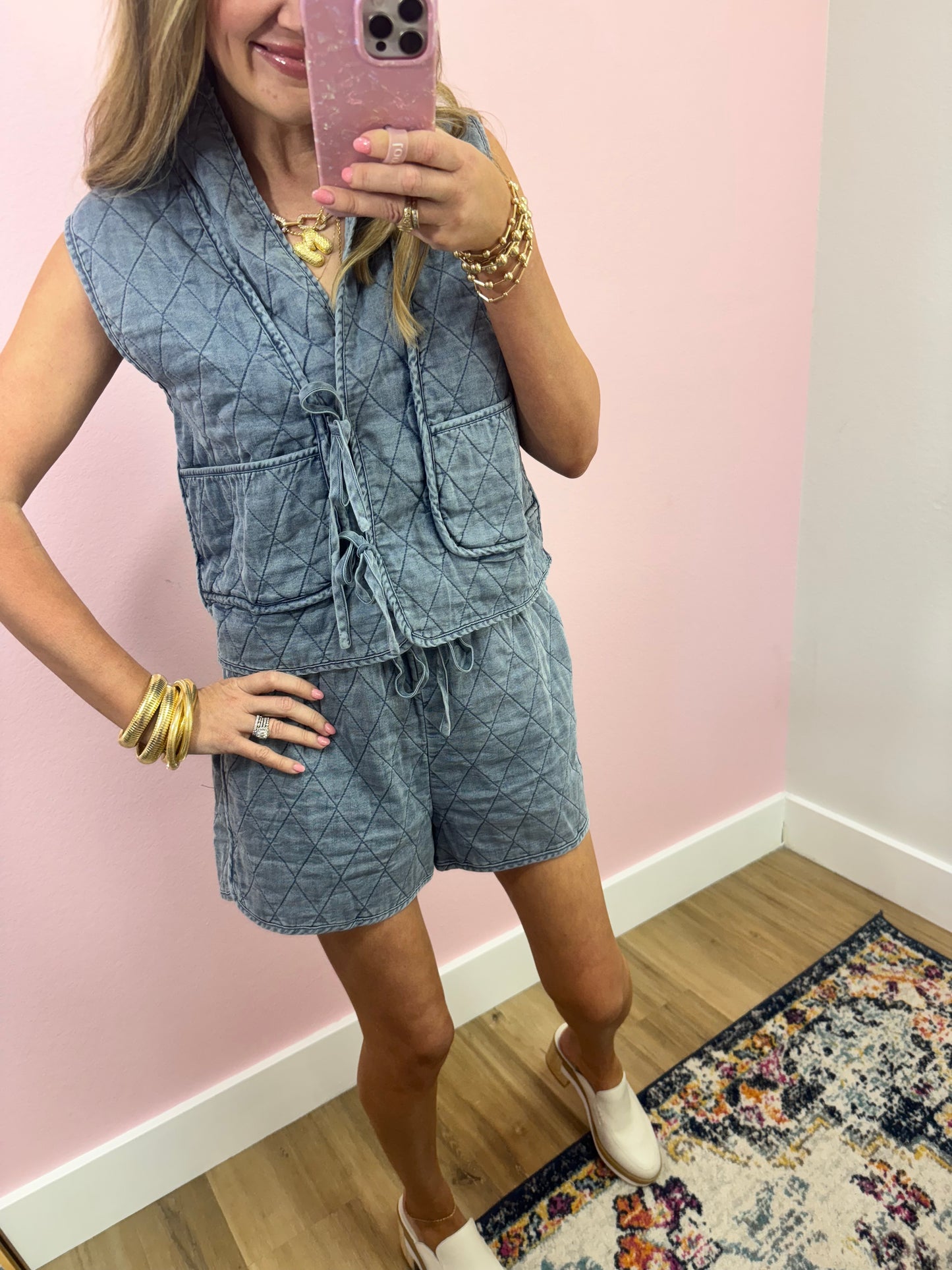 Denim Quilted Vest Two Piece Set