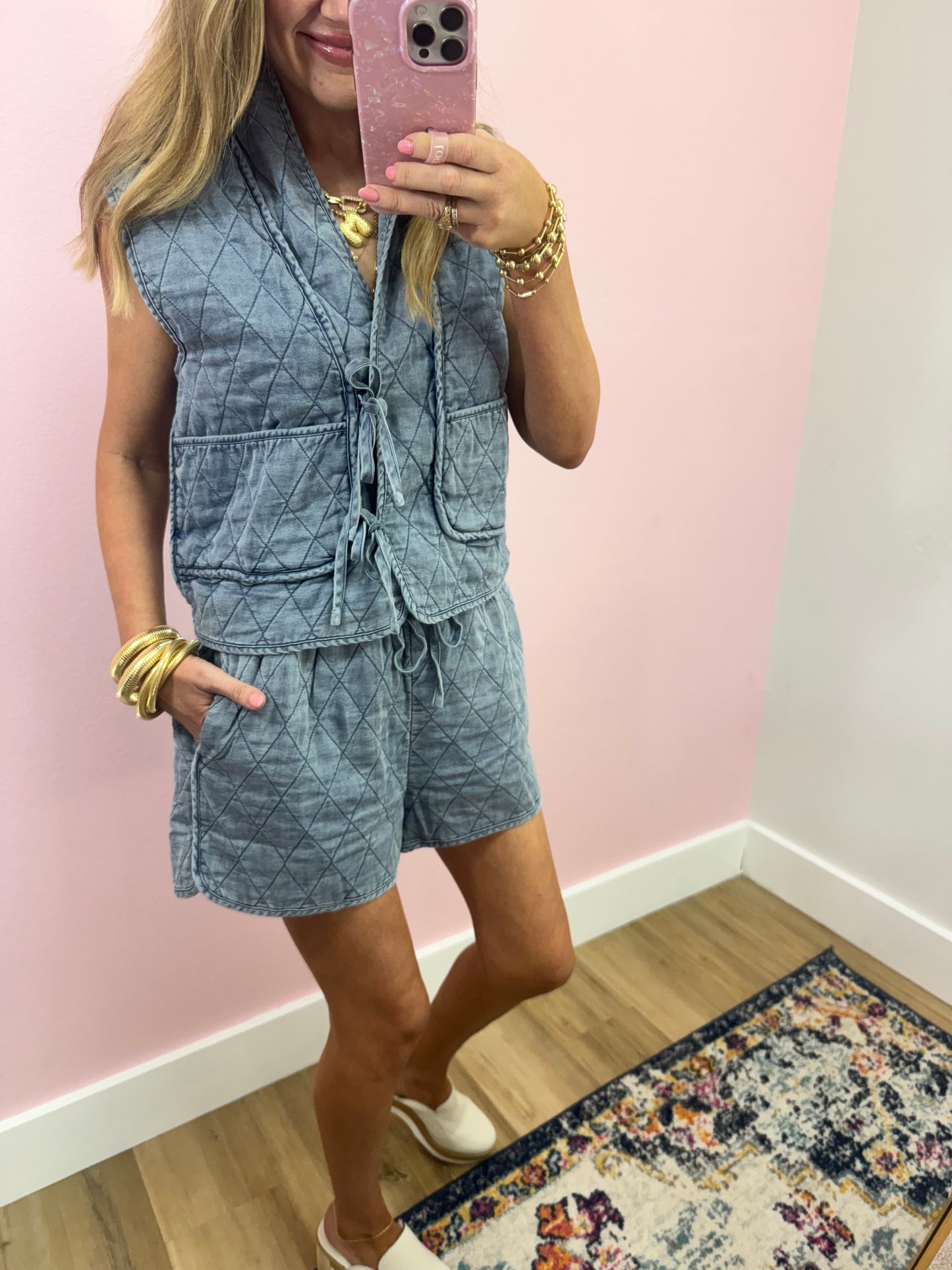 Denim Quilted Vest Two Piece Set