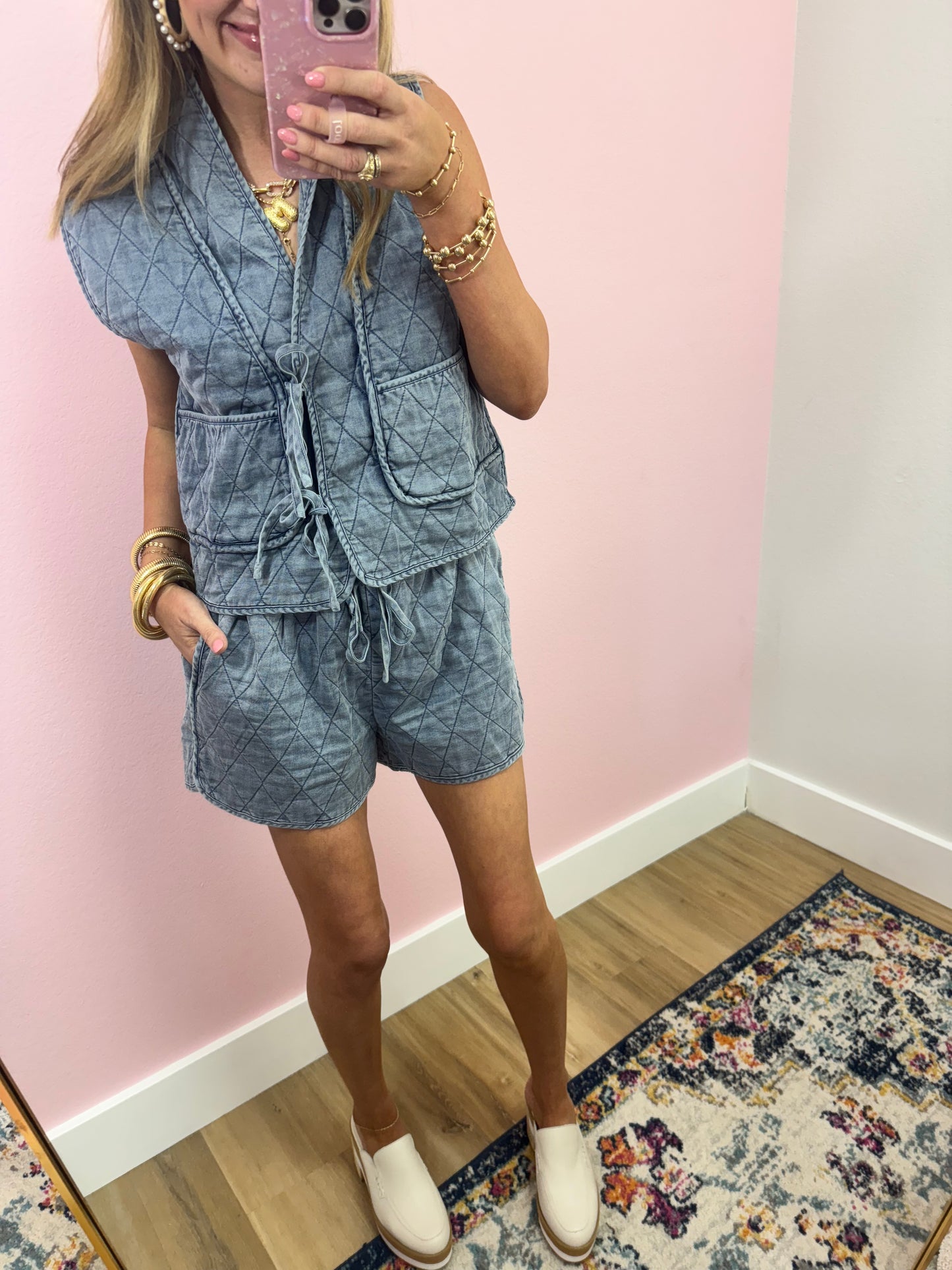 Denim Quilted Vest Two Piece Set