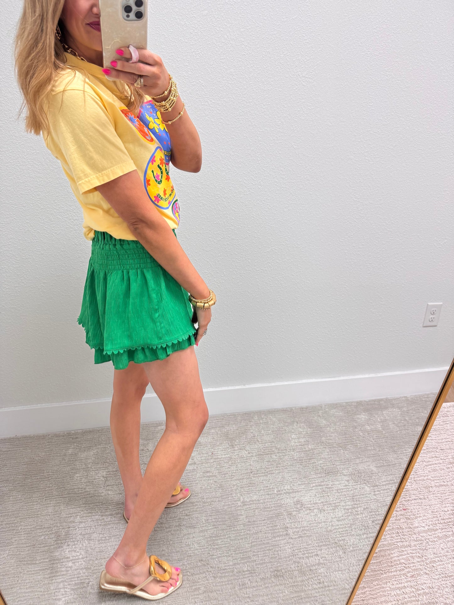 Kelly Green Smocked Waist Ruffle Shorts