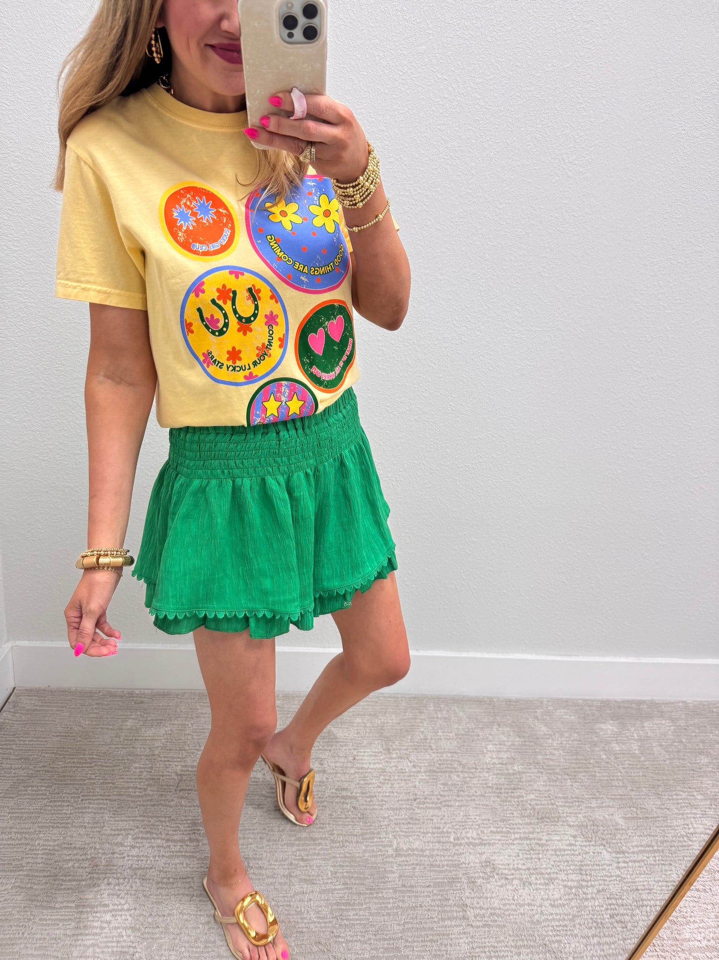 Kelly Green Smocked Waist Ruffle Shorts