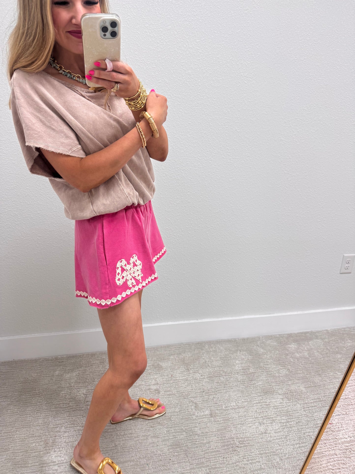 Hot Pink Mineral Wash Shorts with Ribbon Accents