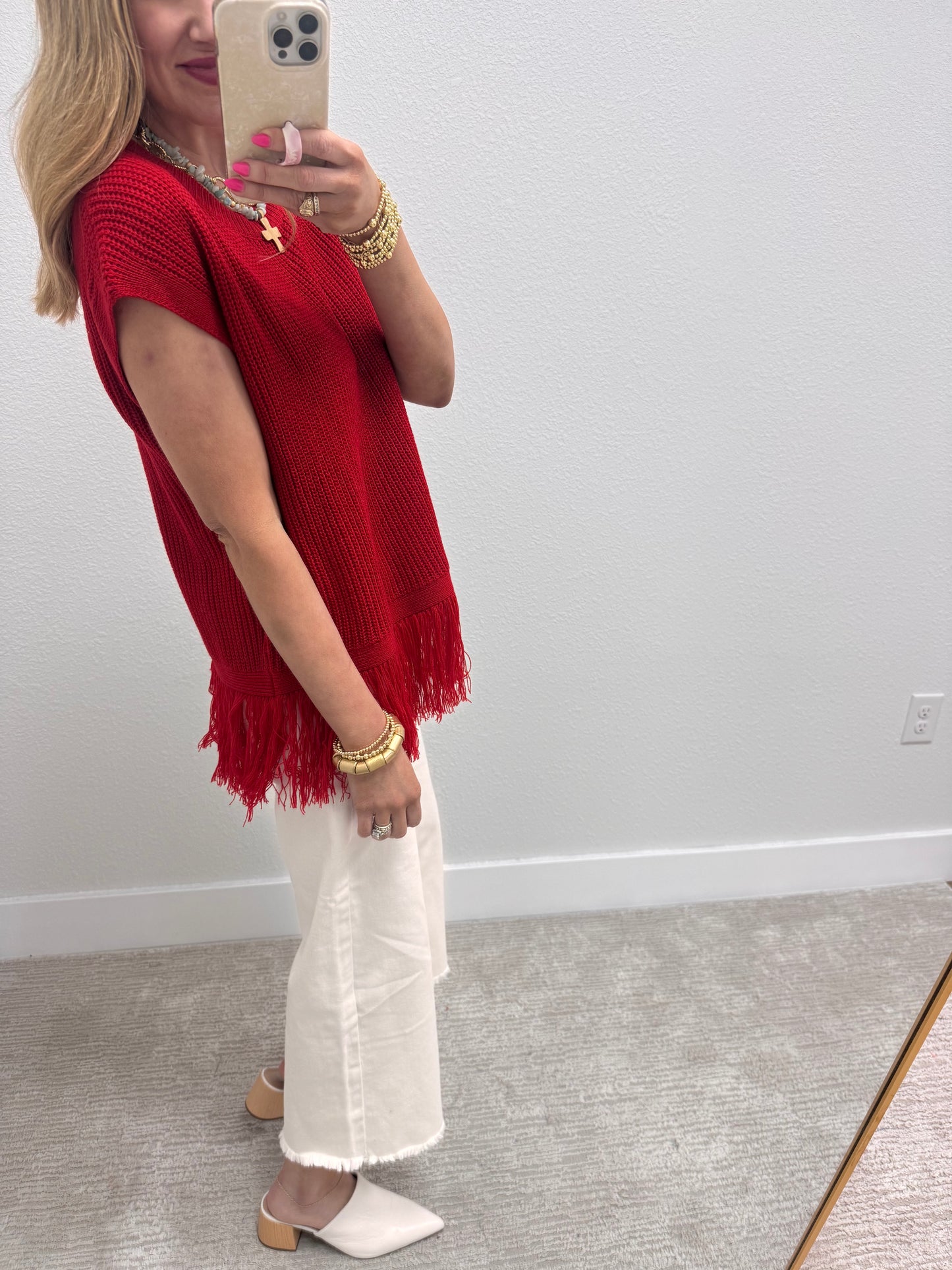 Solid Red Fringe Hem Sweater Top