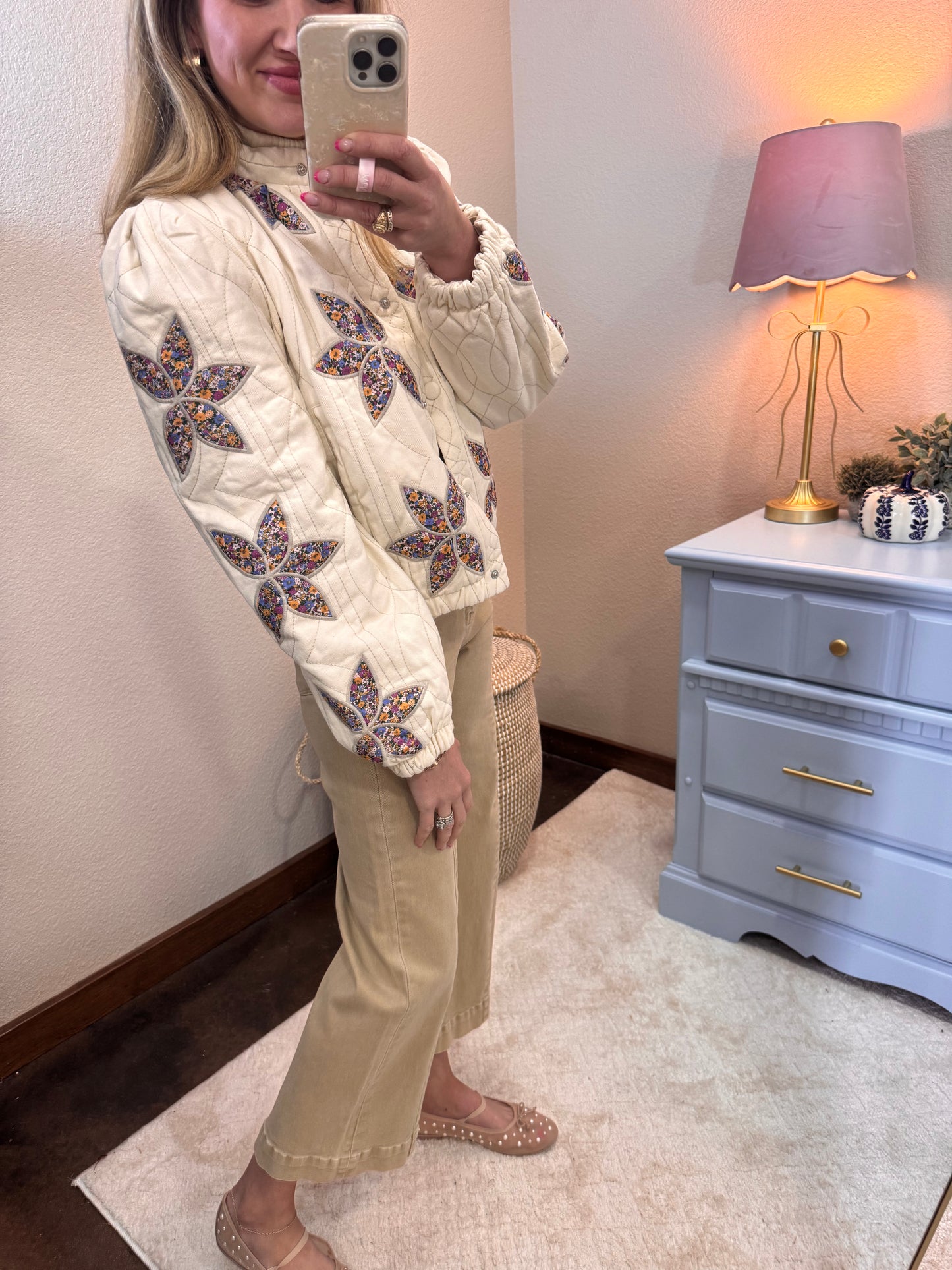 Cream Floral Applique Quilted Jacket