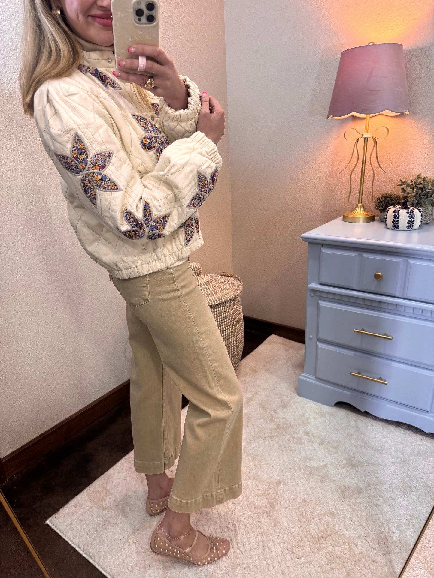Cream Floral Applique Quilted Jacket