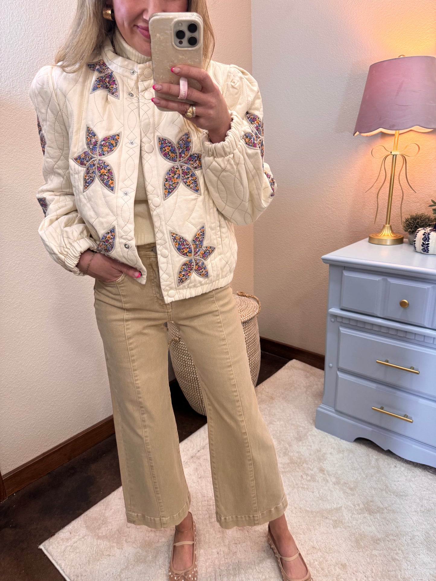 Cream Floral Applique Quilted Jacket