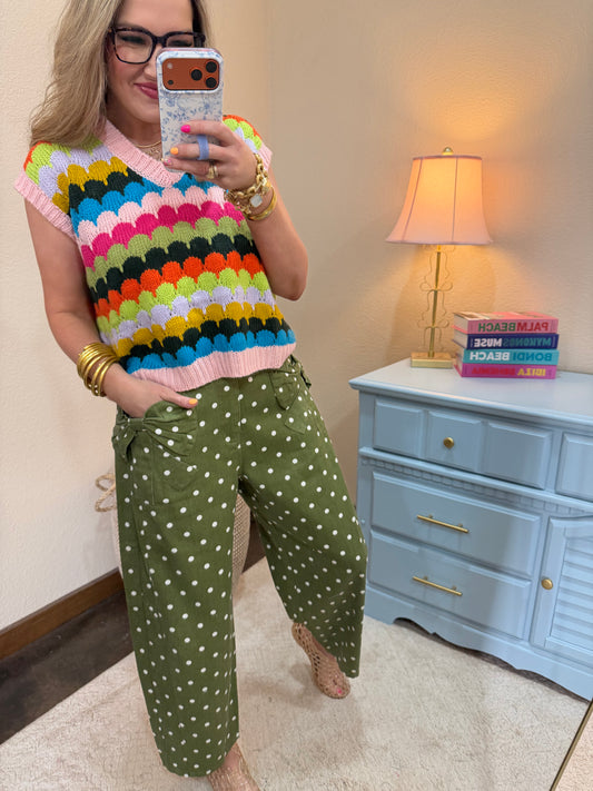 Olive High Rise Polka Dot & Bow Tied Side Panel Pants