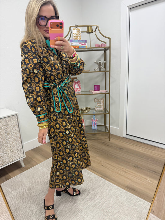 Black & Brown Multi Pattern Floral High Neck Dress