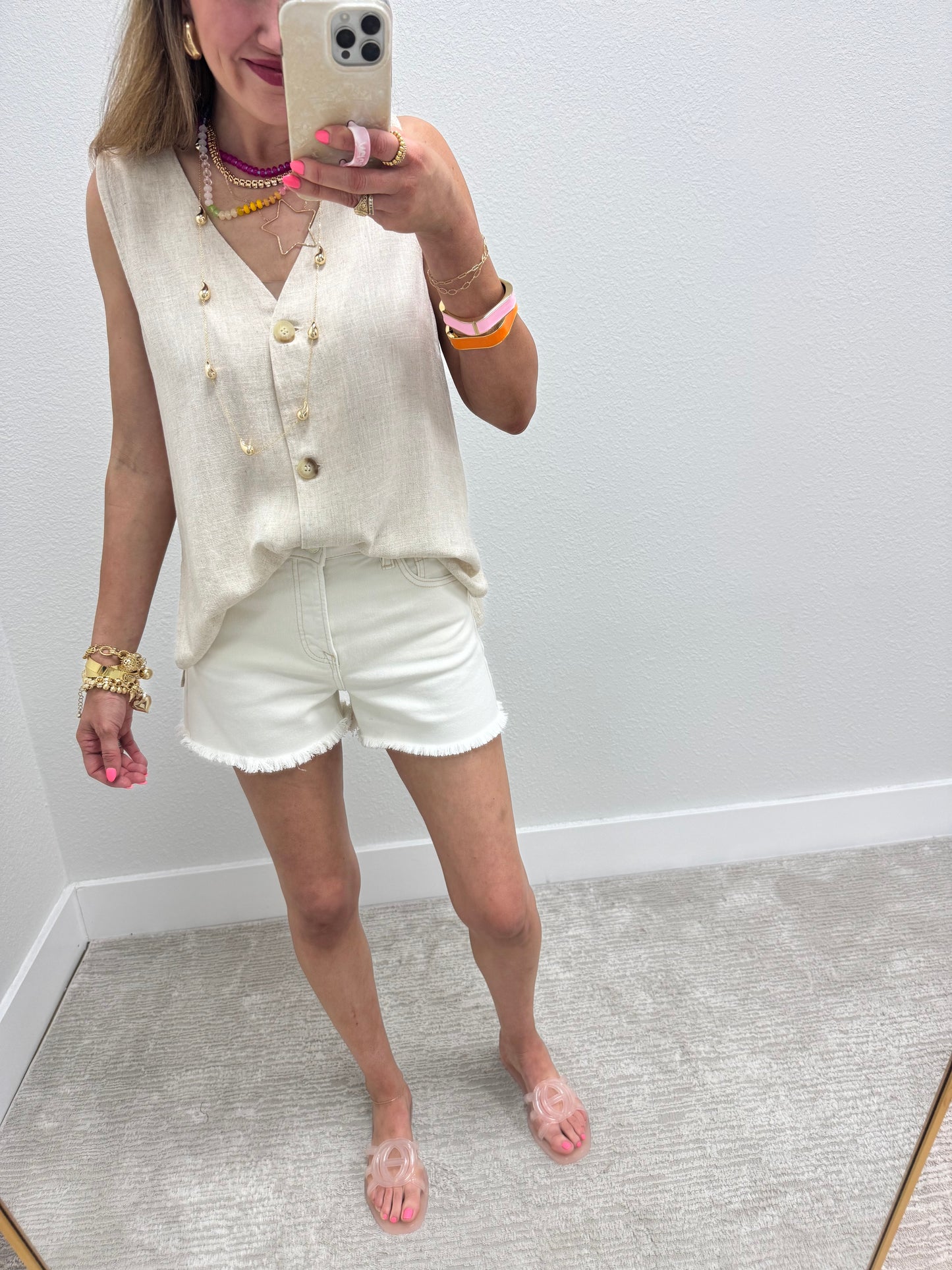 Risen Cream High Rise Fray Hem Shorts