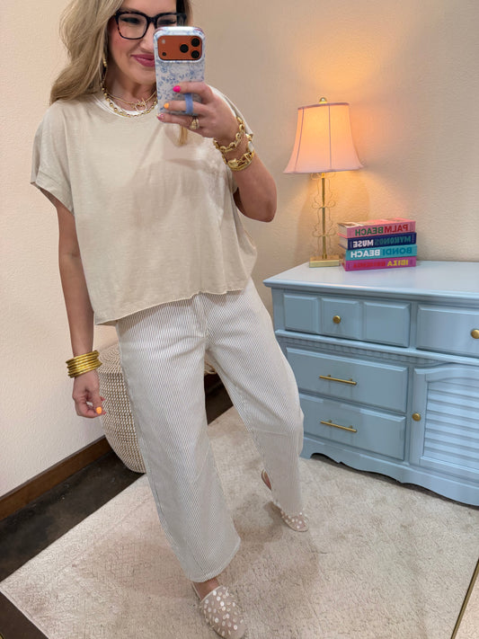 Sand Beige Cotton Slub Open Back Top