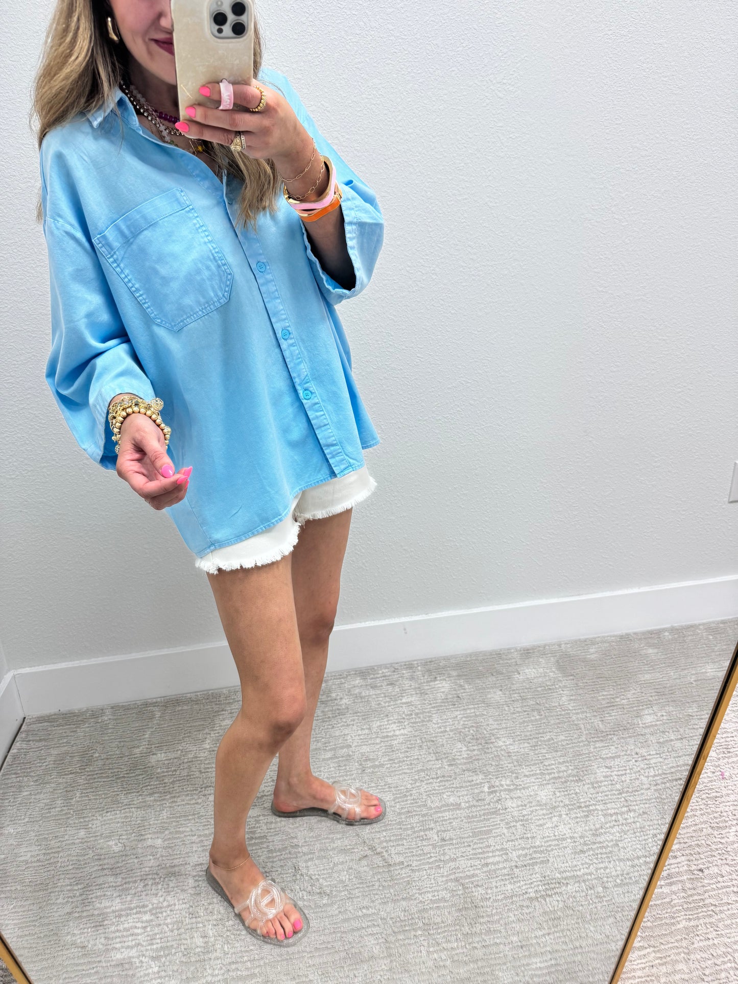 Sky Blue Oversized Half Sleeve Button Top