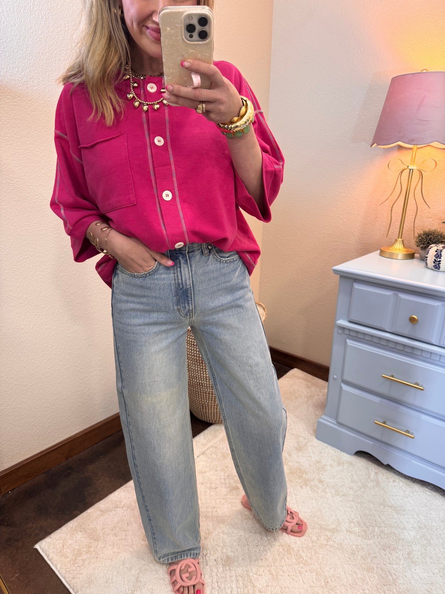 Magenta Multi Stitched Accent Washed Top