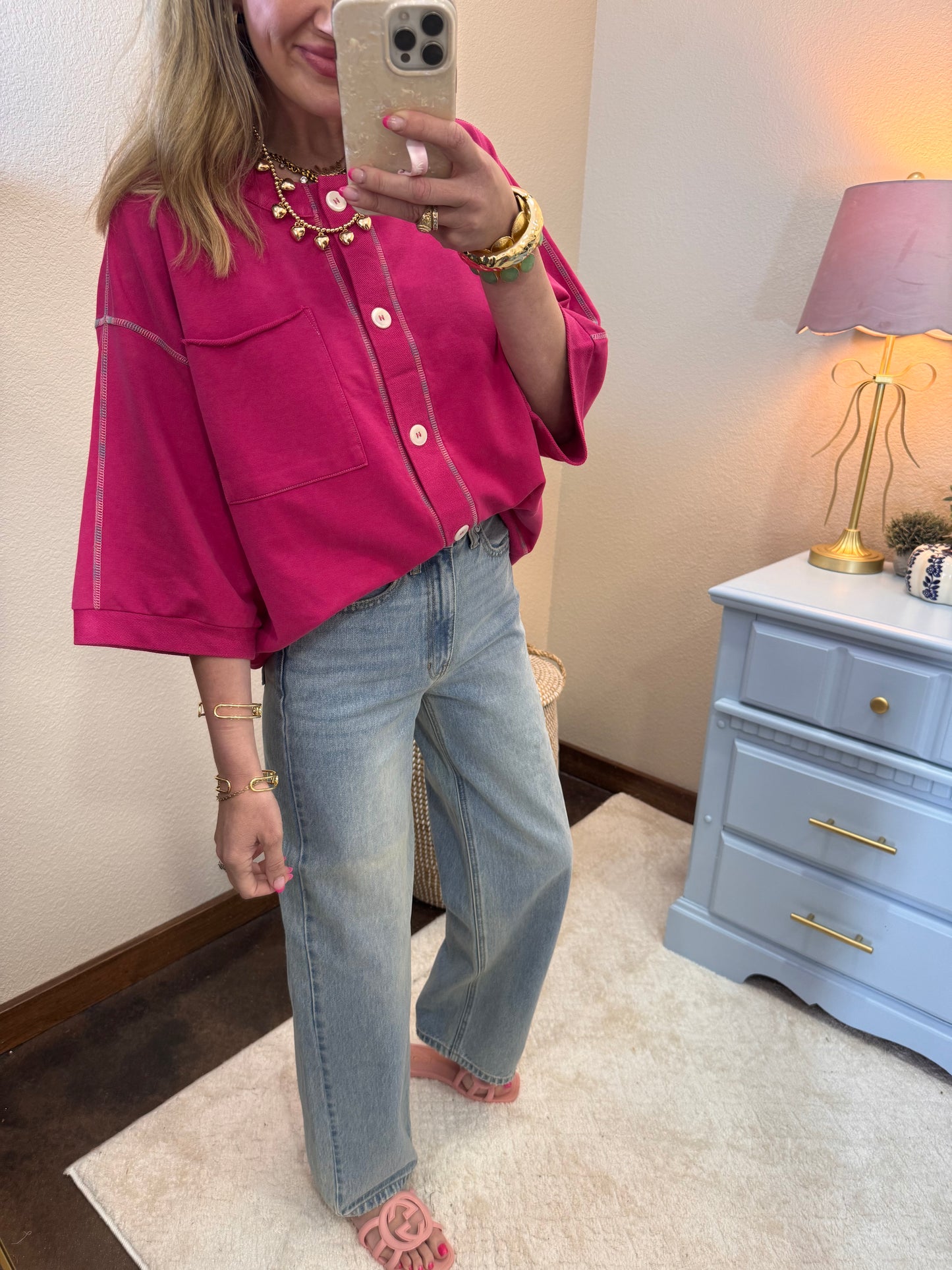Magenta Multi Stitched Accent Washed Top